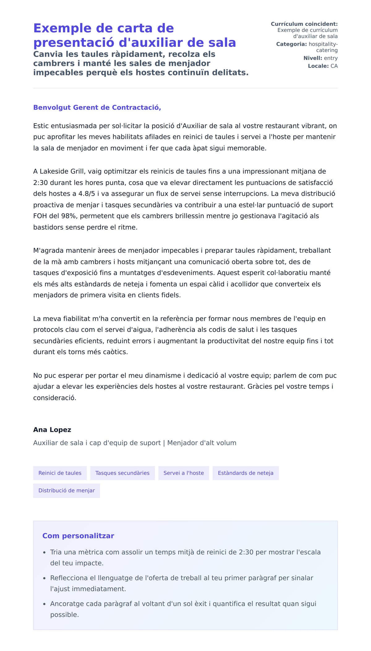 Previsualització de la carta de presentació per a Exemple de carta de presentació d'auxiliar de sala