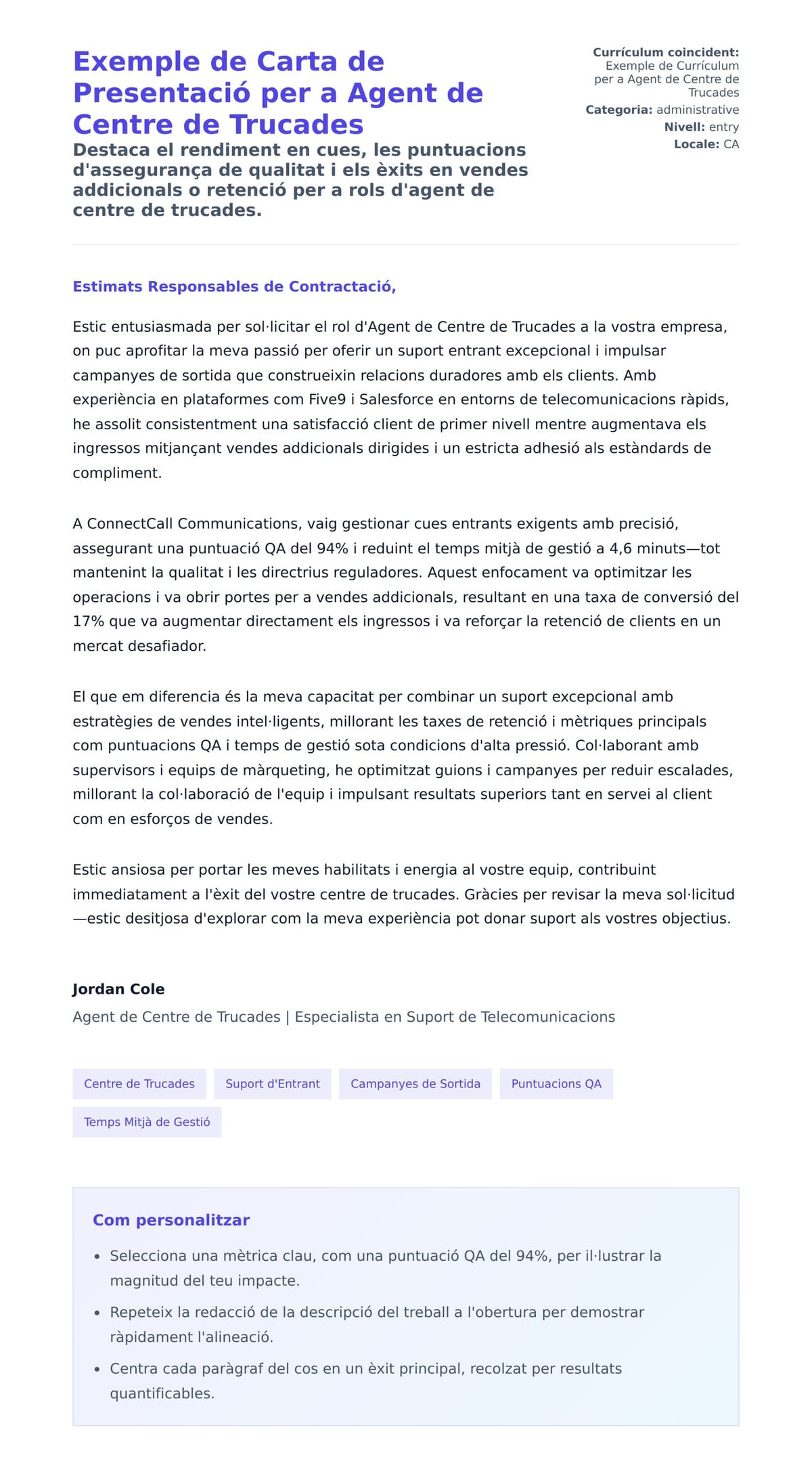 Exemple de Carta de Presentació per a Agent de Centre de Trucades