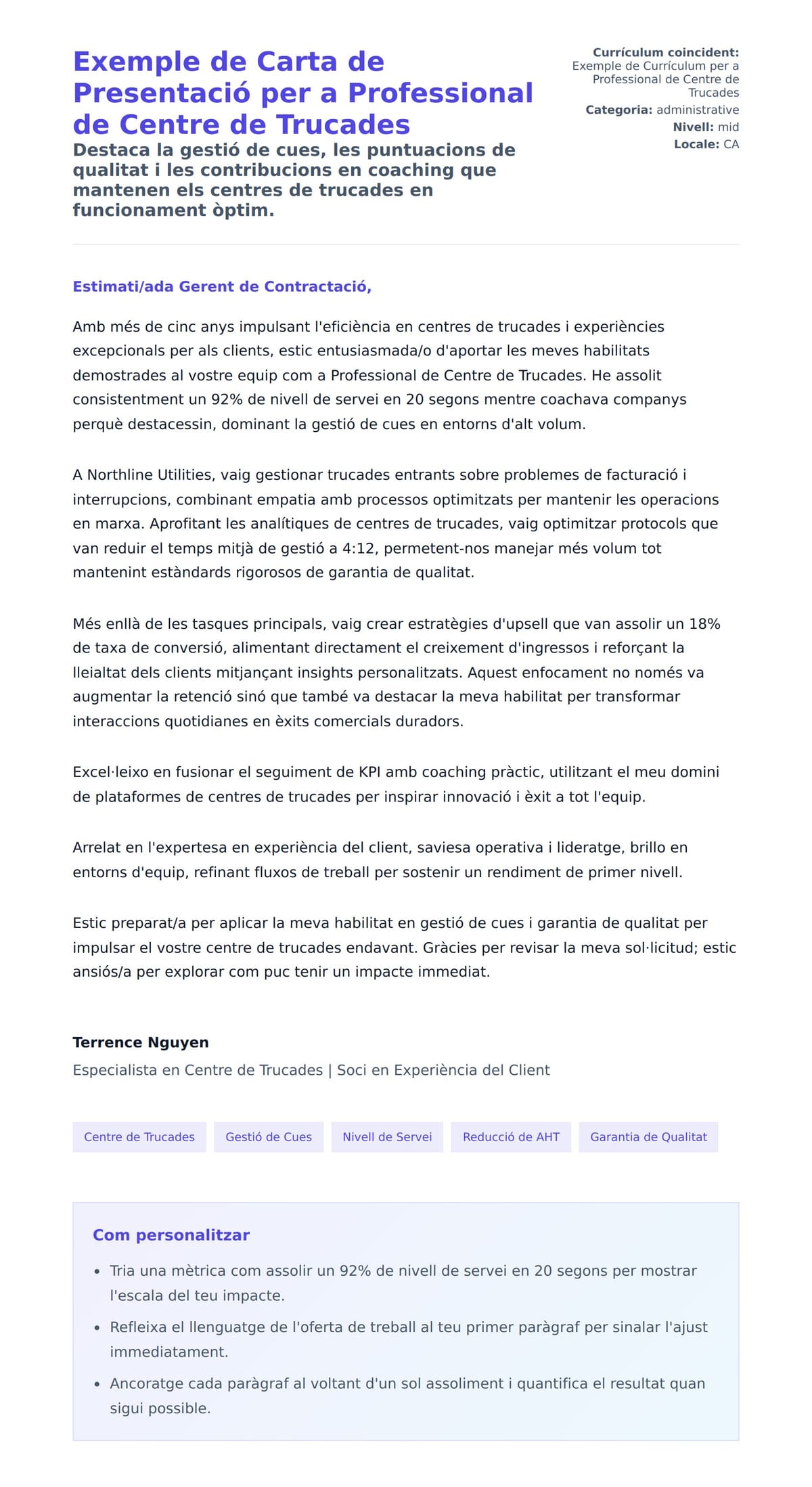 Exemple de Carta de Presentació per a Professional de Centre de Trucades