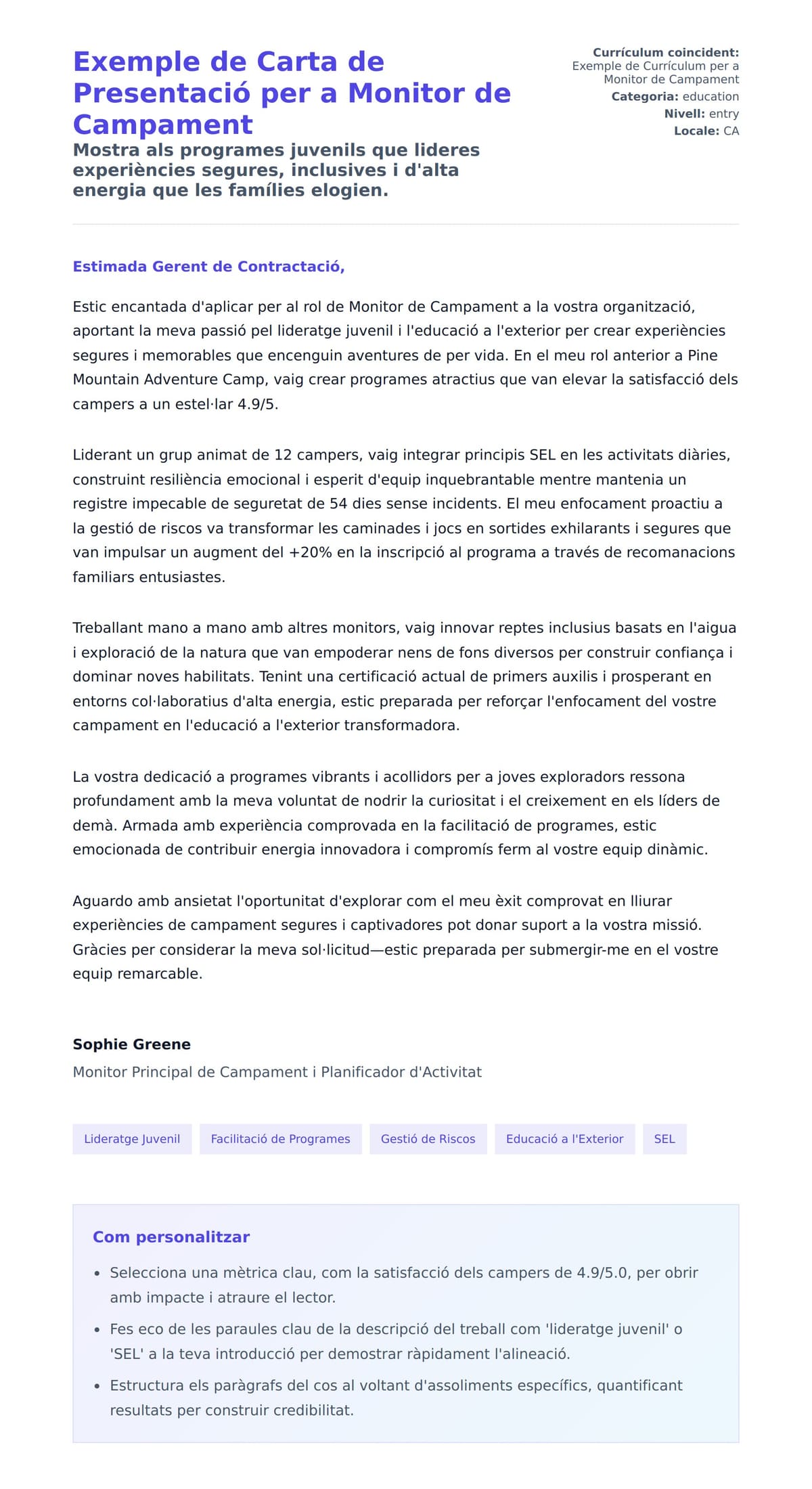 Previsualització de la carta de presentació per a Exemple de Carta de Presentació per a Monitor de Campament