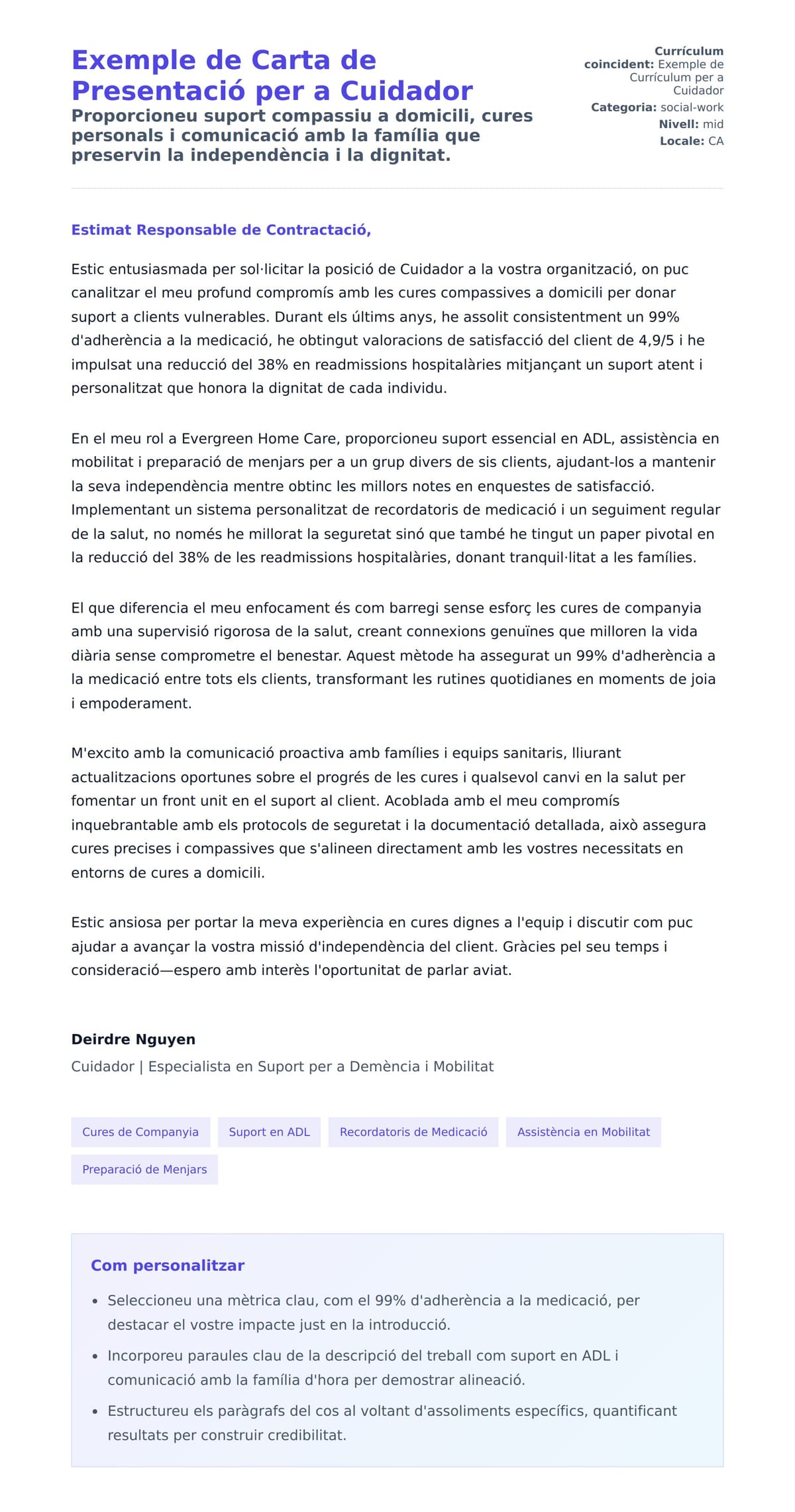 Previsualització de la carta de presentació per a Exemple de Carta de Presentació per a Cuidador