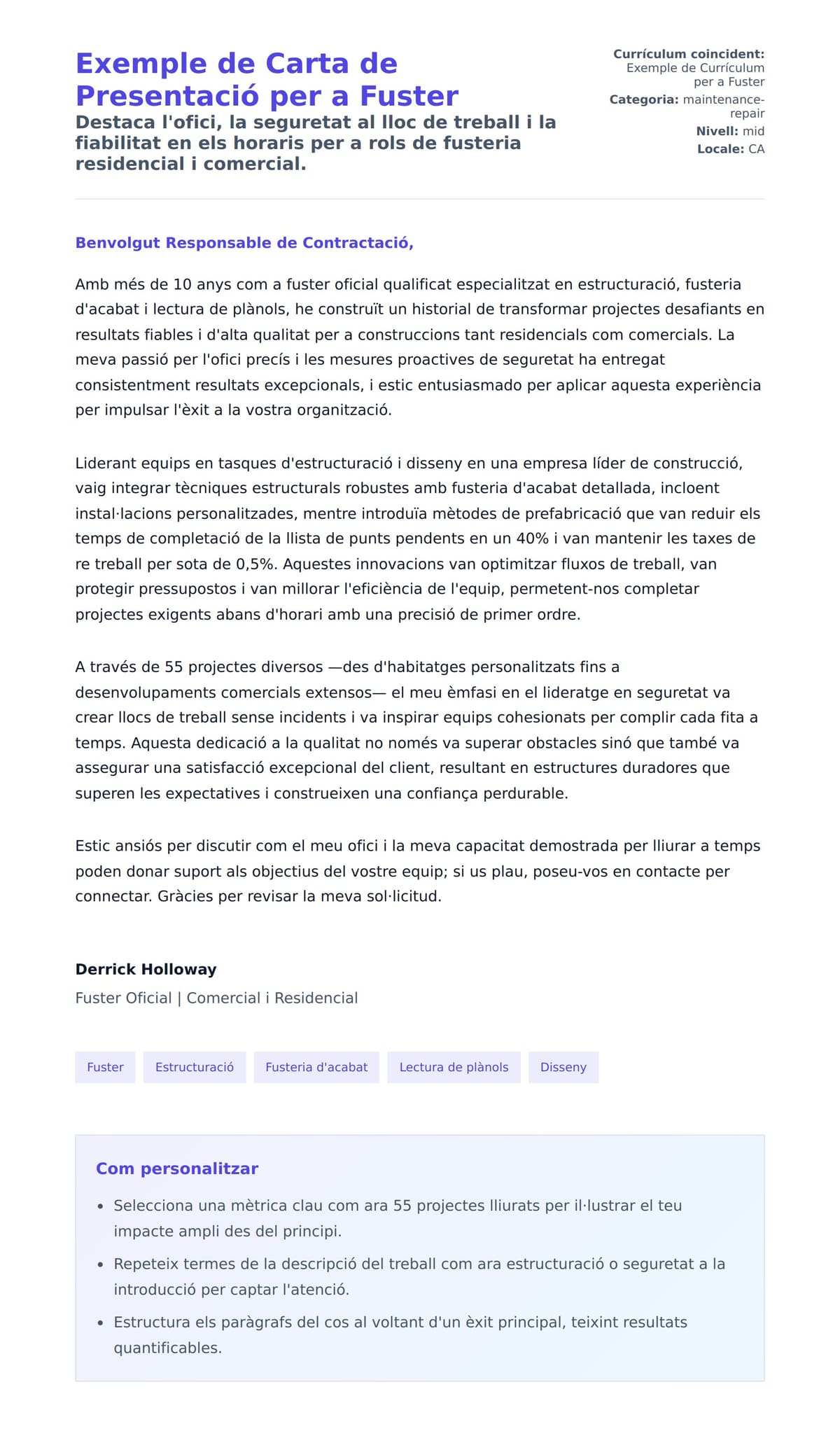 Previsualització de la carta de presentació per a Exemple de Carta de Presentació per a Fuster