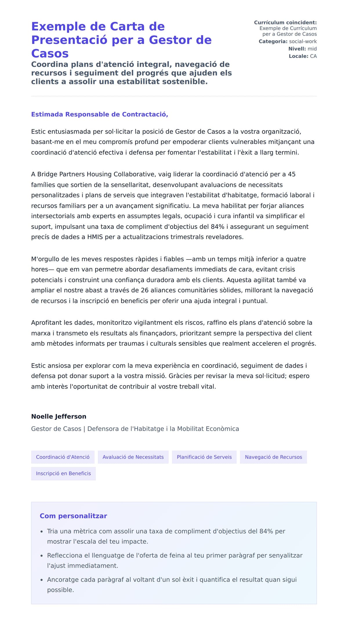 Previsualització de la carta de presentació per a Exemple de Carta de Presentació per a Gestor de Casos