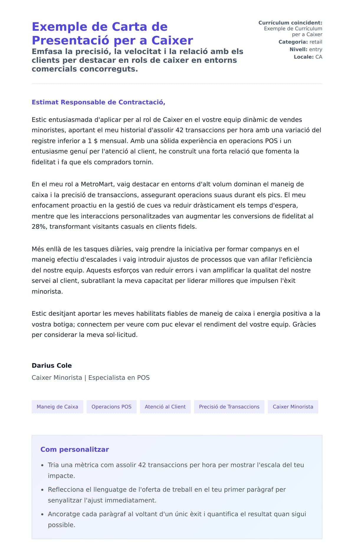 Previsualització de la carta de presentació per a Exemple de Carta de Presentació per a Caixer