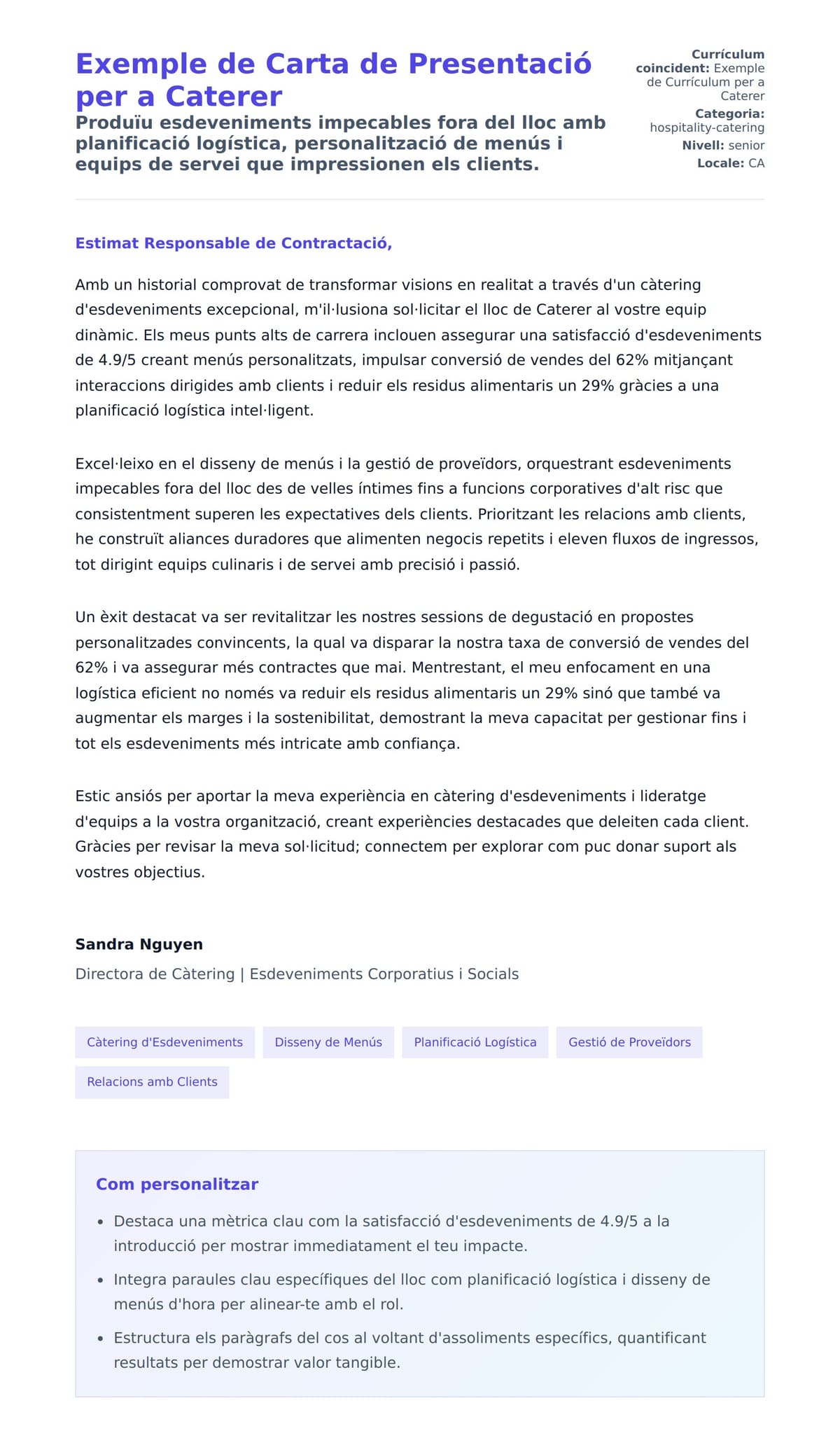 Previsualització de la carta de presentació per a Exemple de Carta de Presentació per a Caterer