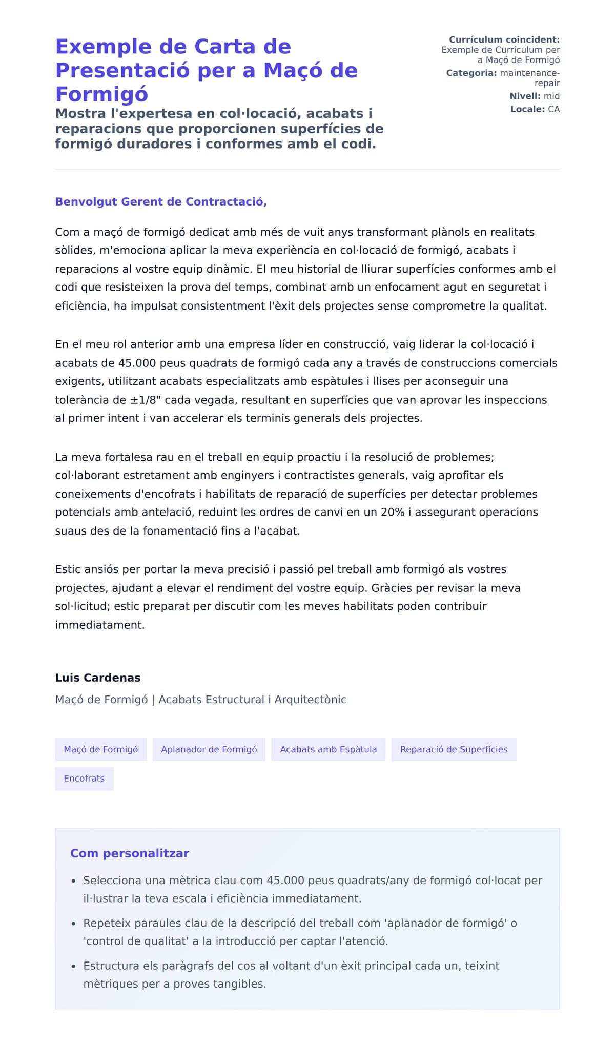 Previsualització de la carta de presentació per a Exemple de Carta de Presentació per a Maçó de Formigó