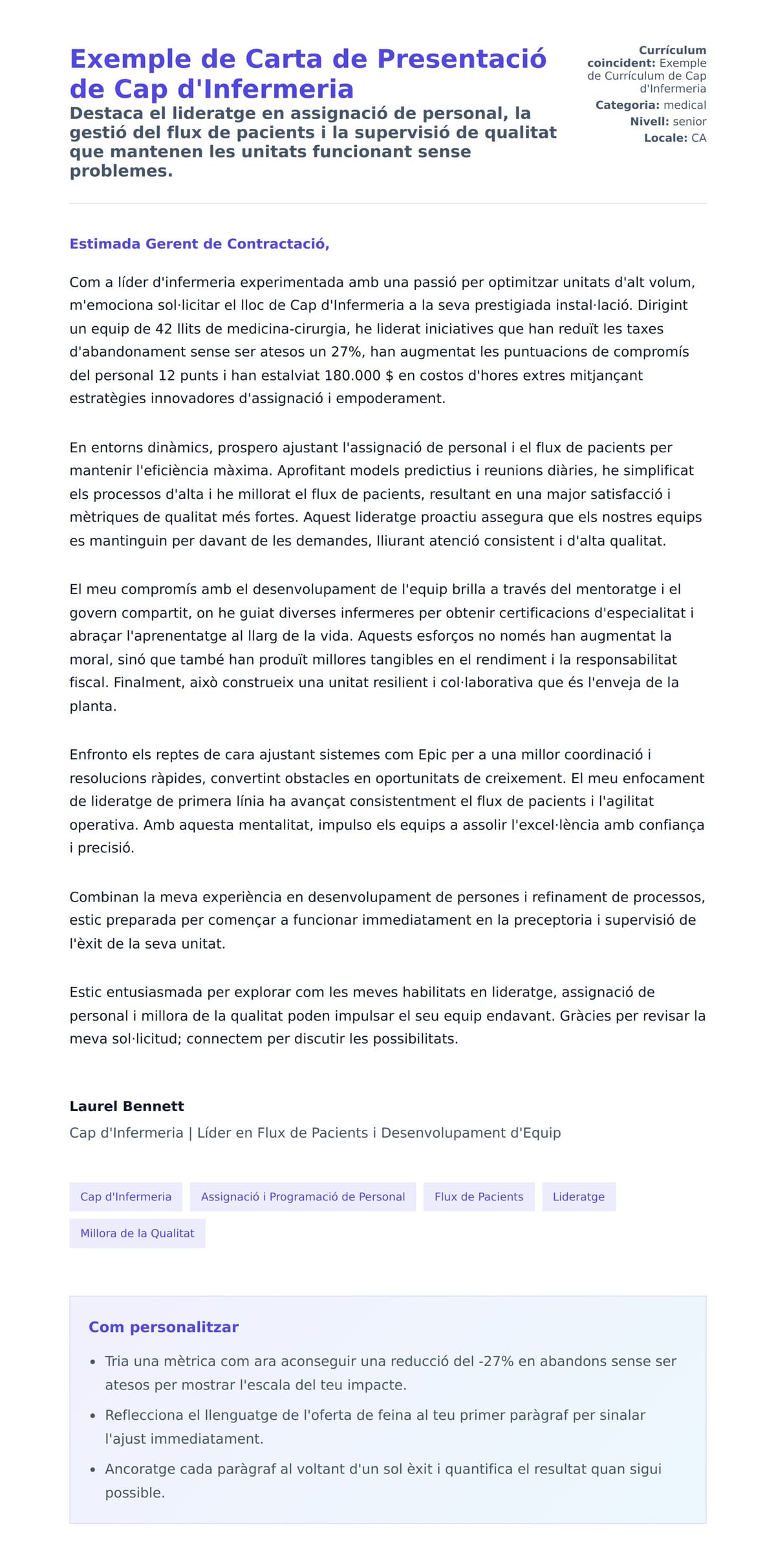 Previsualització de la carta de presentació per a Exemple de Carta de Presentació de Cap d'Infermeria