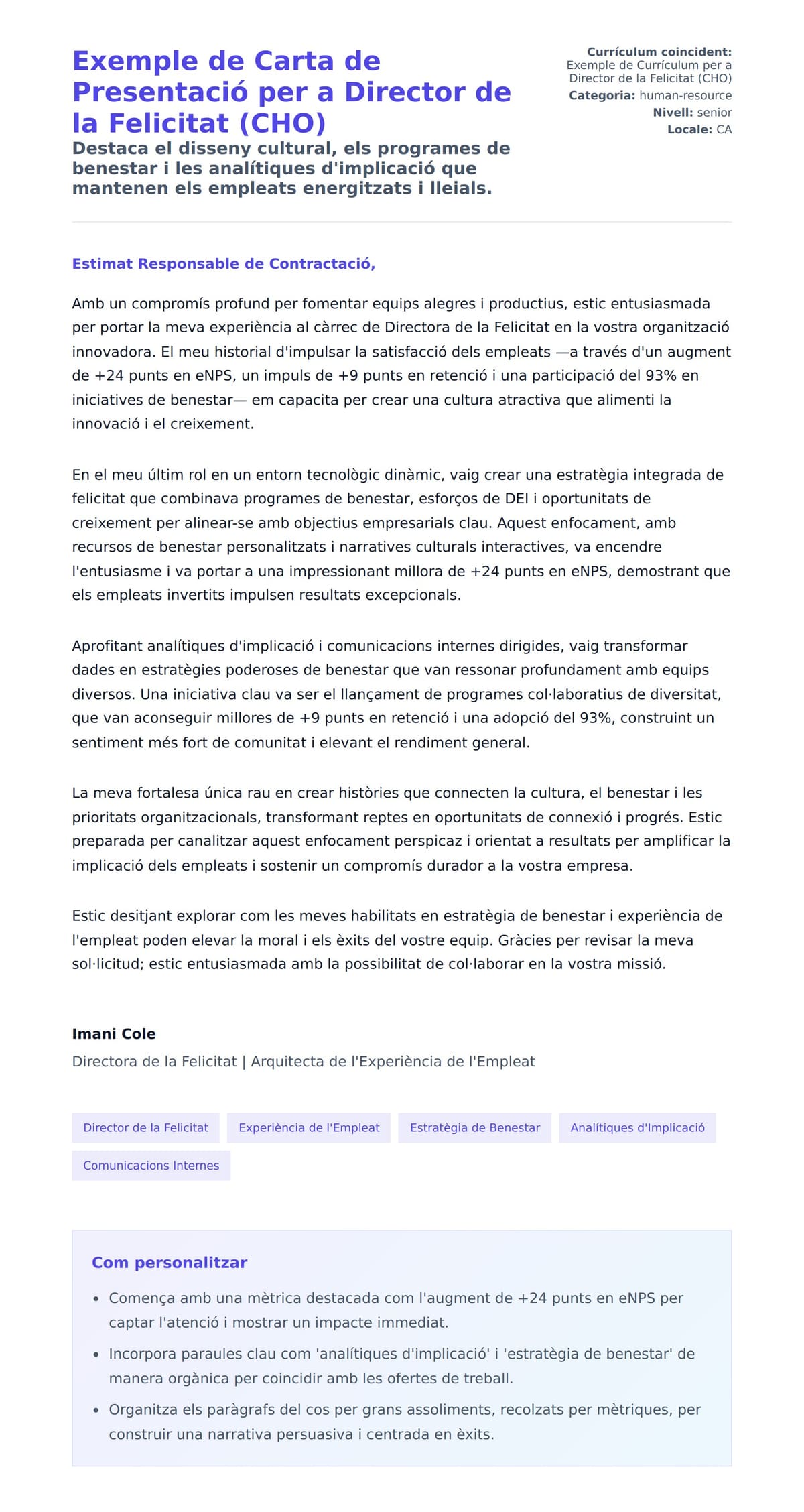 Previsualització de la carta de presentació per a Exemple de Carta de Presentació per a Director de la Felicitat (CHO)