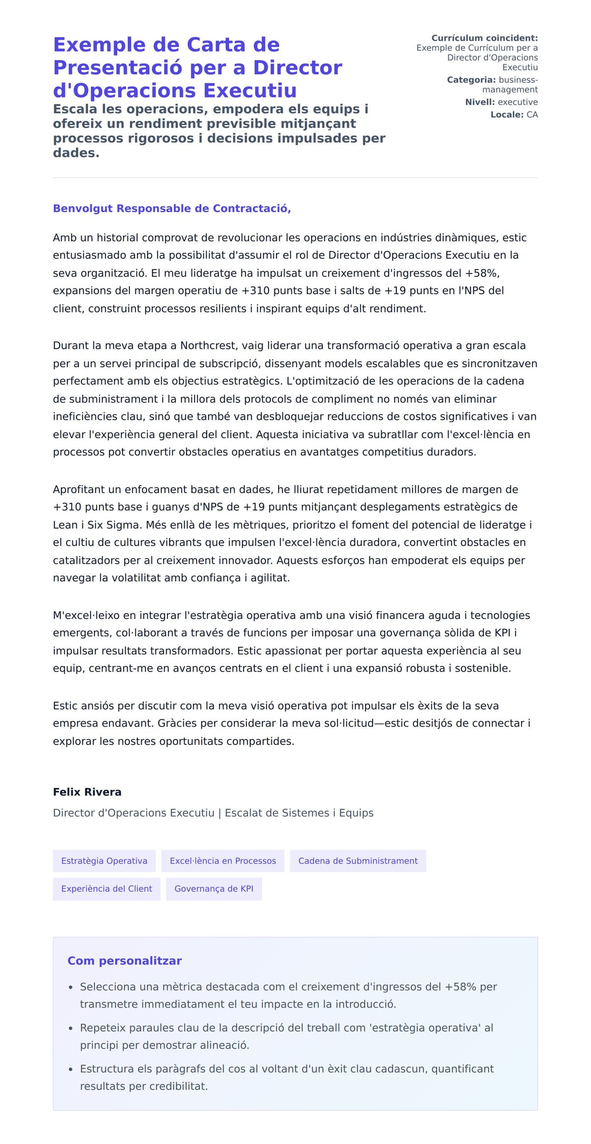 Previsualització de la carta de presentació per a Exemple de Carta de Presentació per a Director d'Operacions Executiu