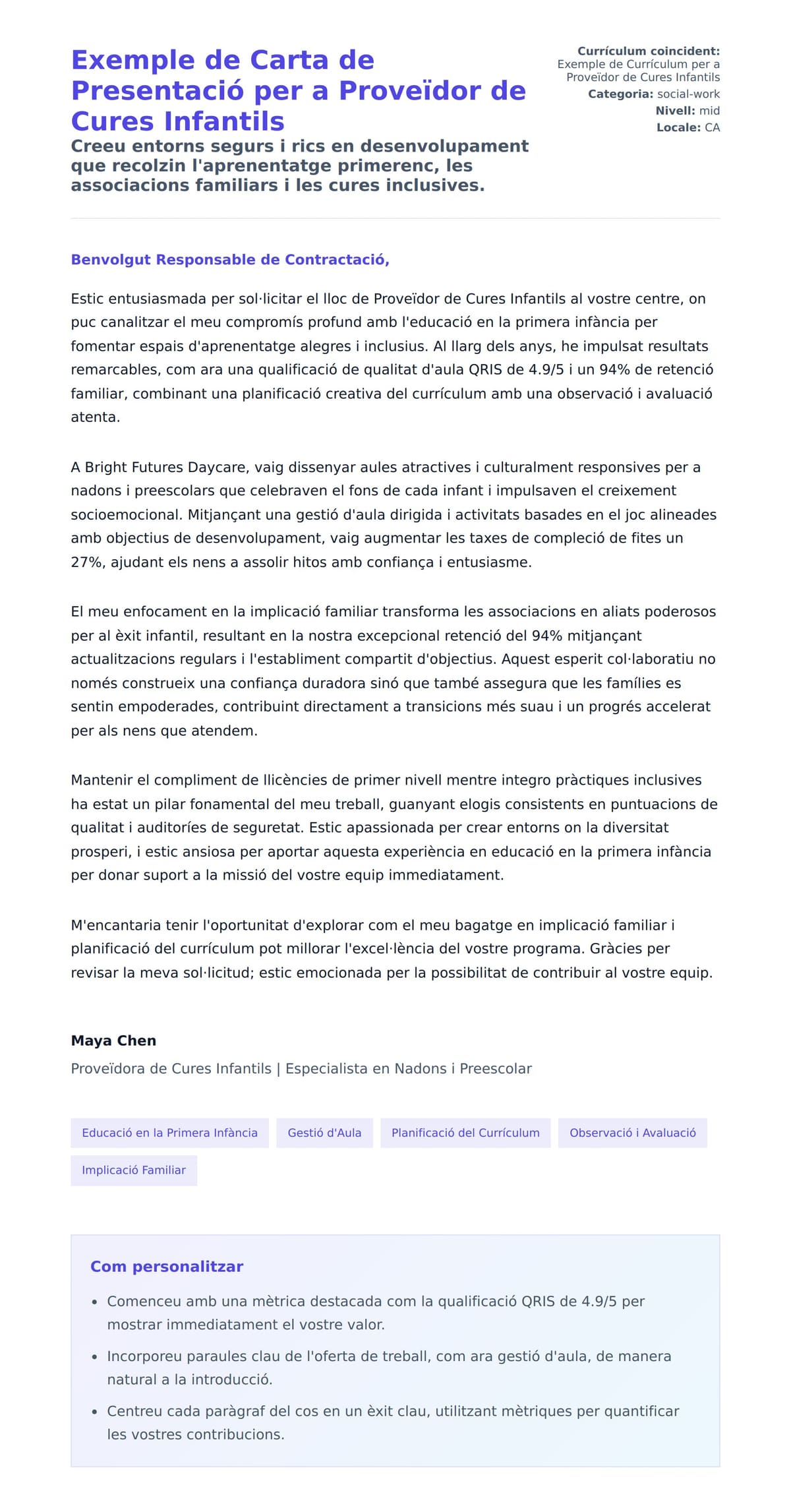 Previsualització de la carta de presentació per a Exemple de Carta de Presentació per a Proveïdor de Cures Infantils