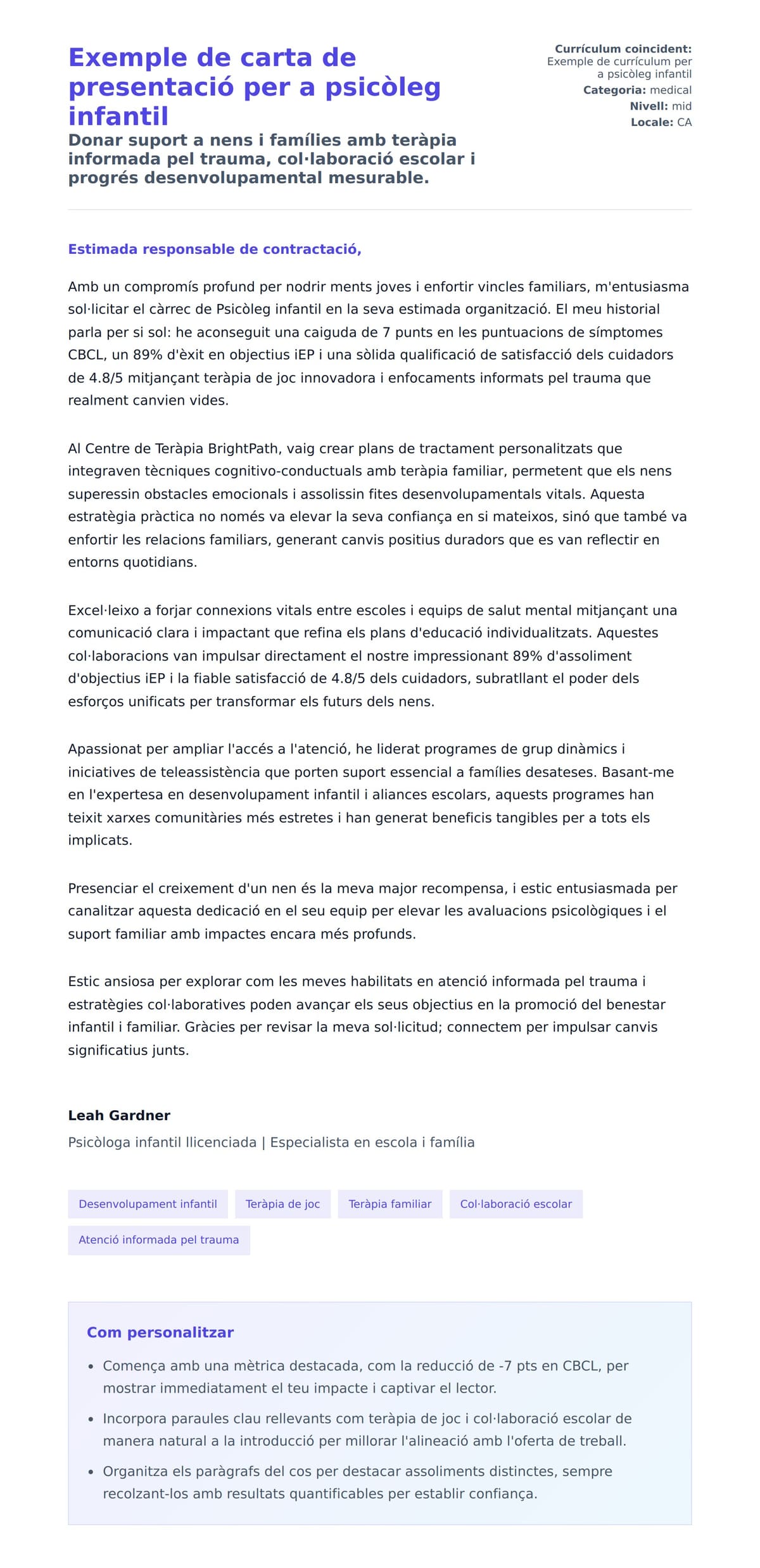 Previsualització de la carta de presentació per a Exemple de carta de presentació per a psicòleg infantil