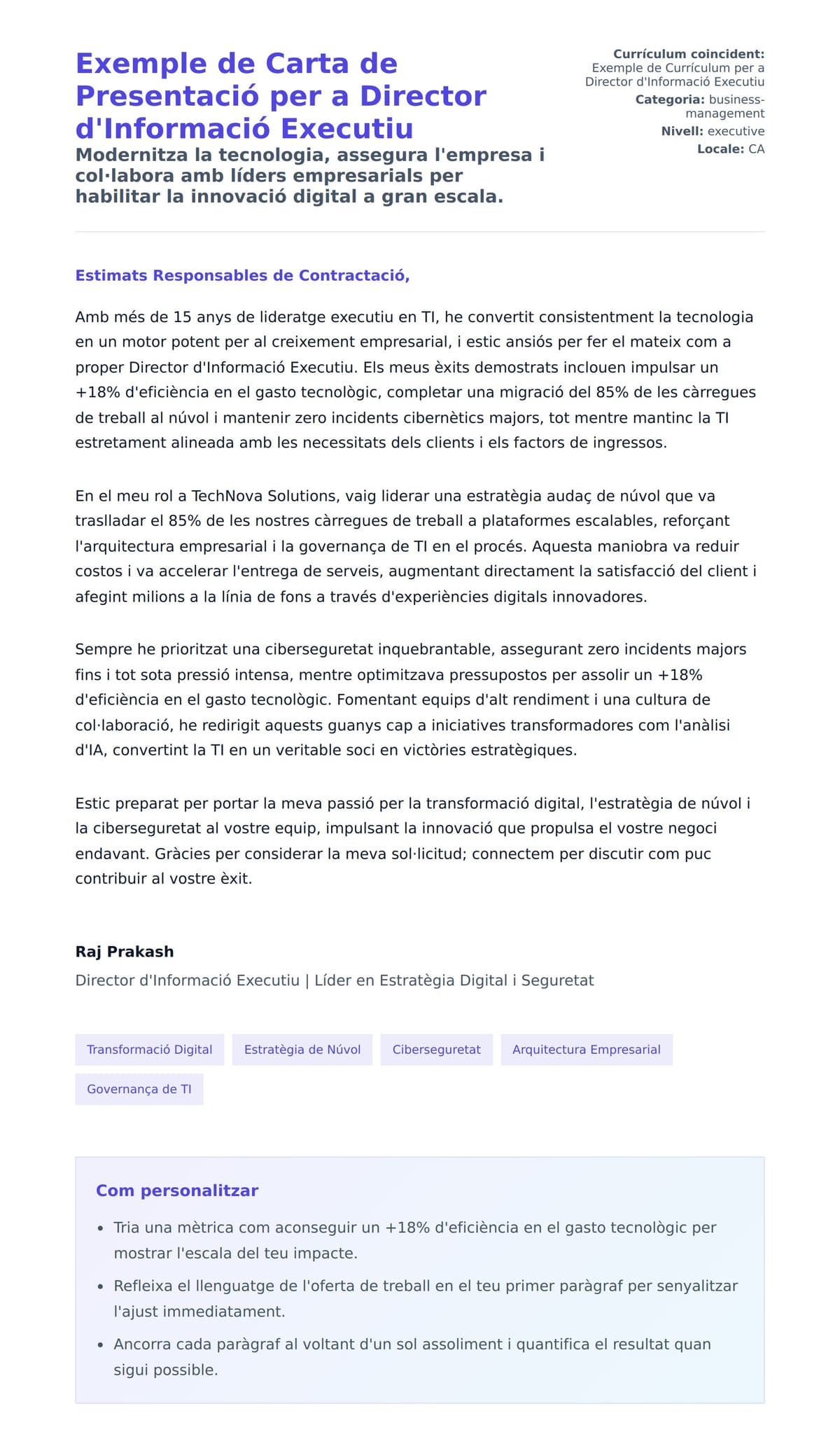 Previsualització de la carta de presentació per a Exemple de Carta de Presentació per a Director d'Informació Executiu