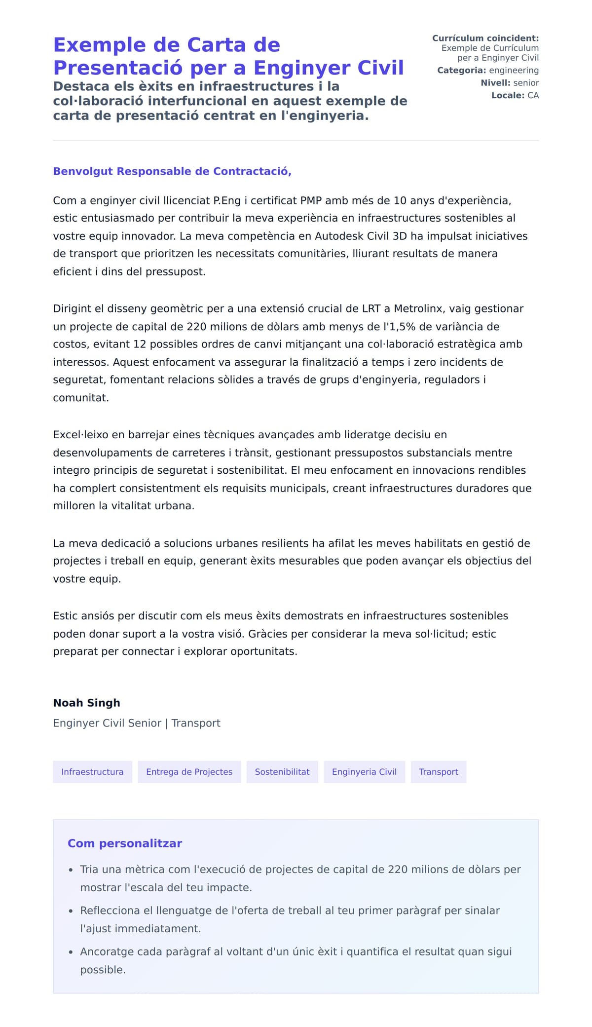 Previsualització de la carta de presentació per a Exemple de Carta de Presentació per a Enginyer Civil