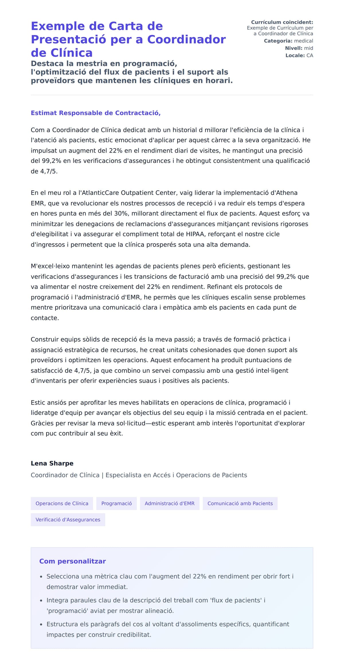 Previsualització de la carta de presentació per a Exemple de Carta de Presentació per a Coordinador de Clínica