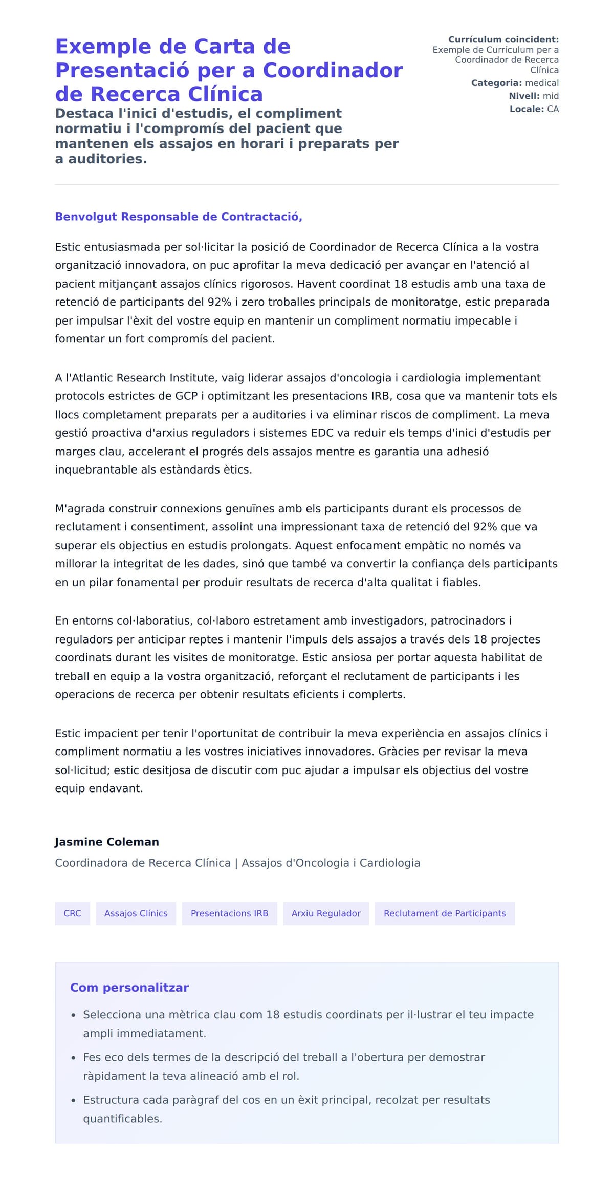 Previsualització de la carta de presentació per a Exemple de Carta de Presentació per a Coordinador de Recerca Clínica