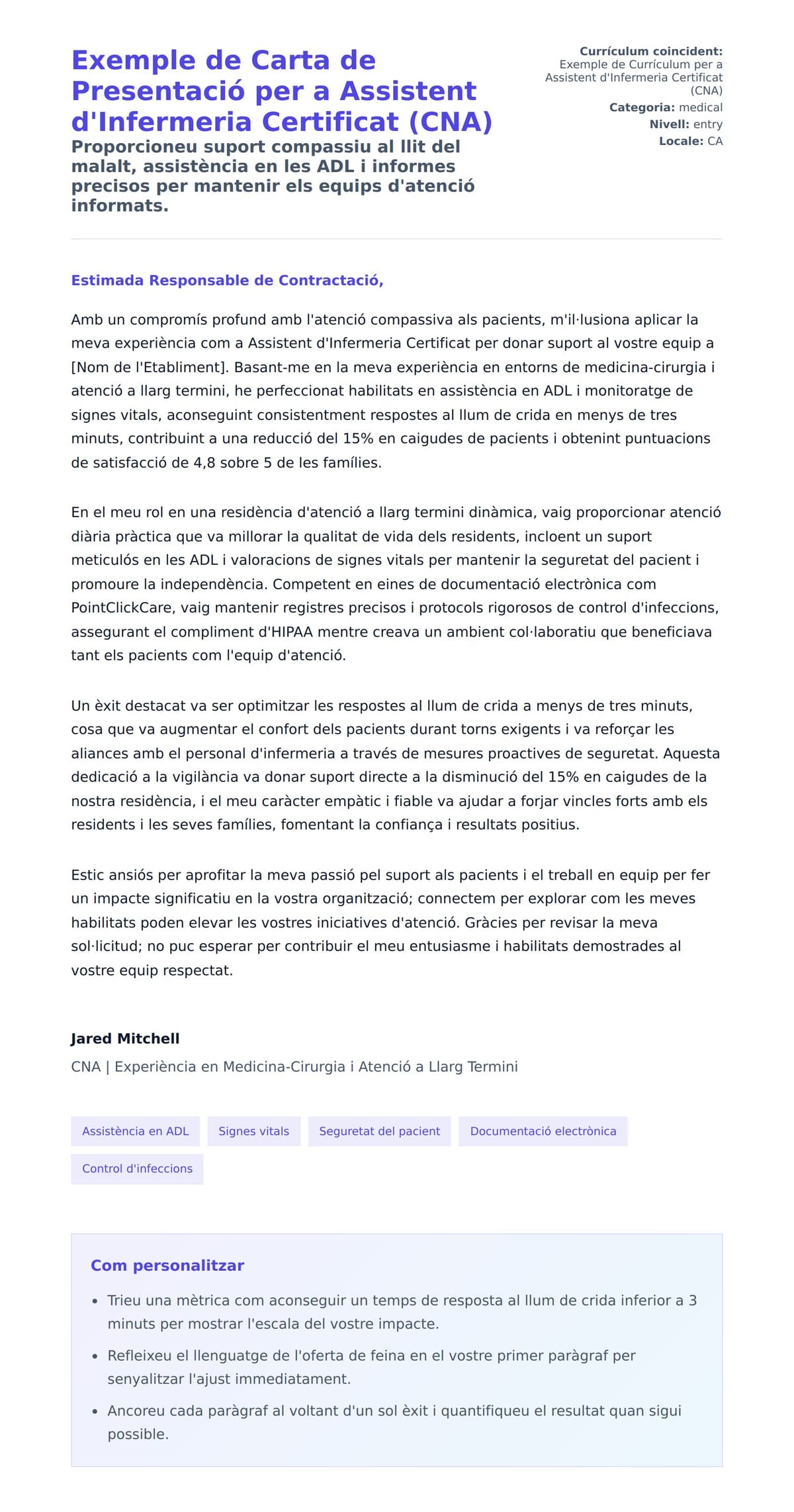 Previsualització de la carta de presentació per a Exemple de Carta de Presentació per a Assistent d'Infermeria Certificat (CNA)