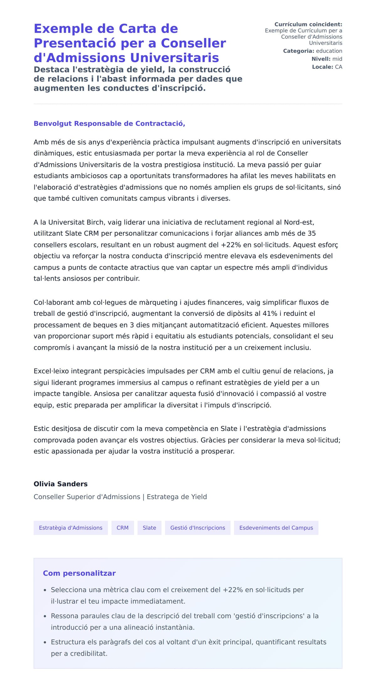 Previsualització de la carta de presentació per a Exemple de Carta de Presentació per a Conseller d'Admissions Universitaris