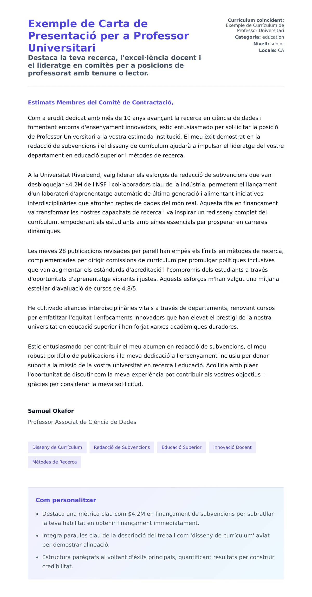 Previsualització de la carta de presentació per a Exemple de Carta de Presentació per a Professor Universitari