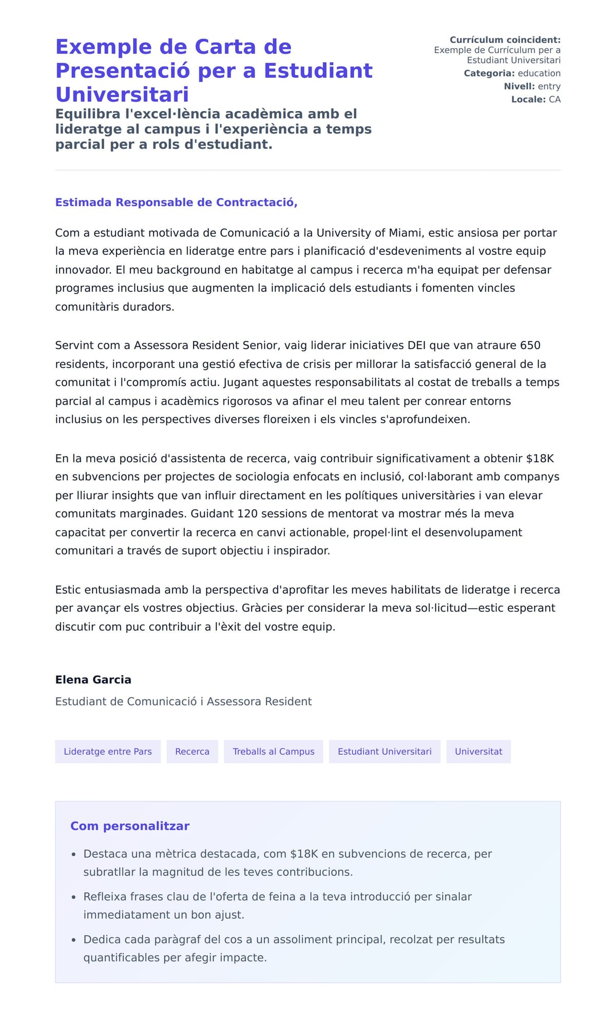 Previsualització de la carta de presentació per a Exemple de Carta de Presentació per a Estudiant Universitari