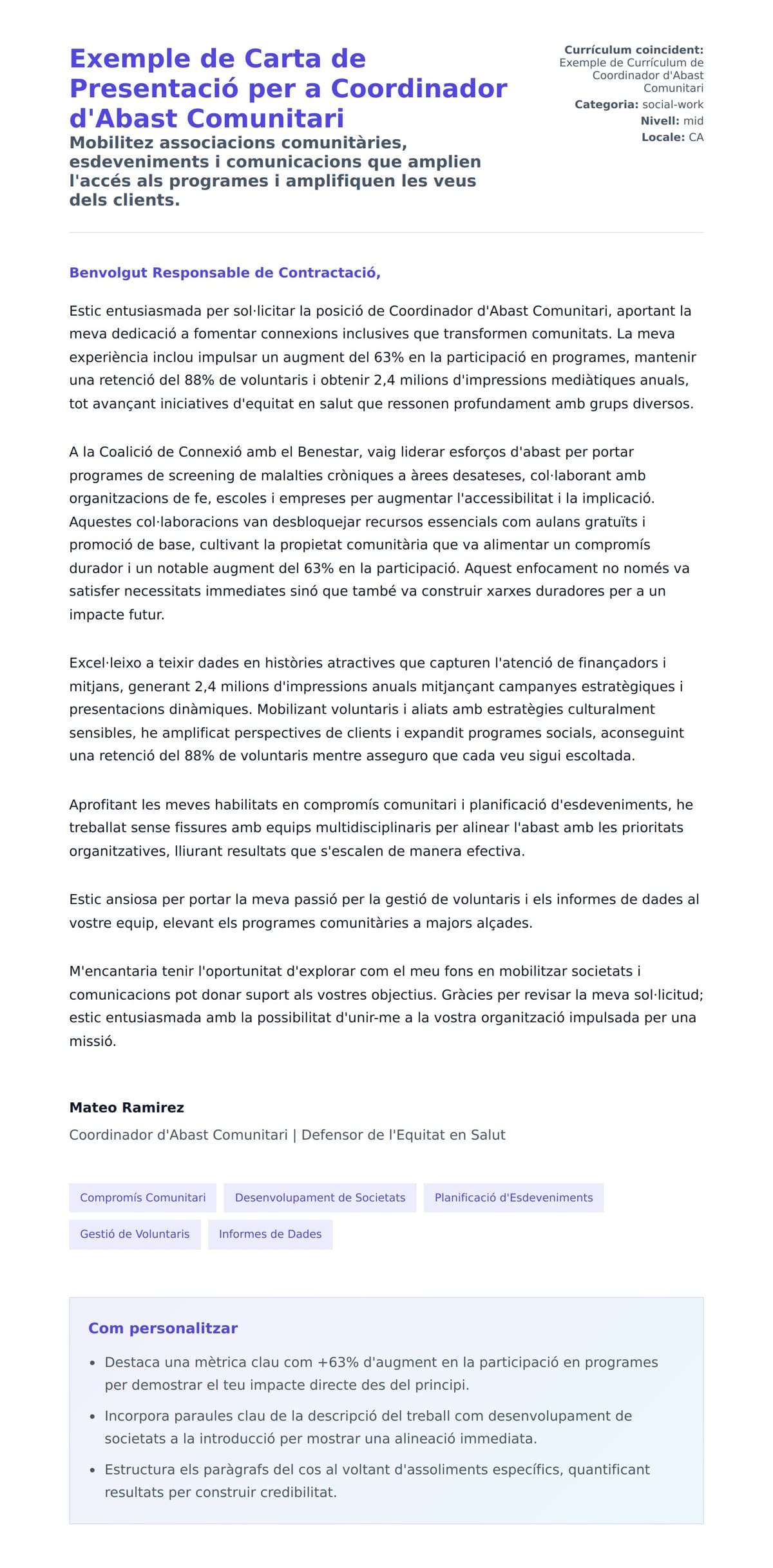 Previsualització de la carta de presentació per a Exemple de Carta de Presentació per a Coordinador d'Abast Comunitari