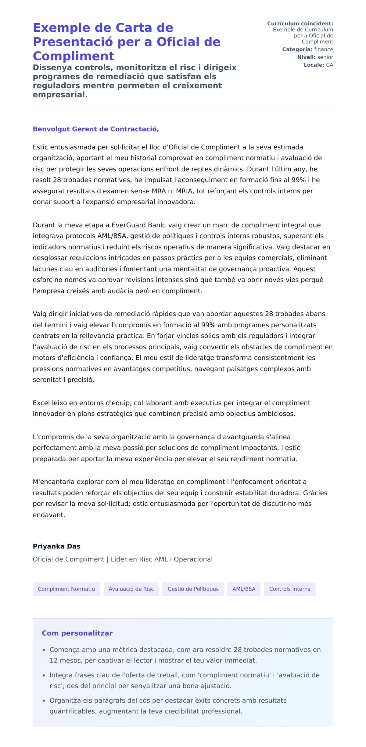 Previsualització de la carta de presentació per a Exemple de Carta de Presentació per a Oficial de Compliment