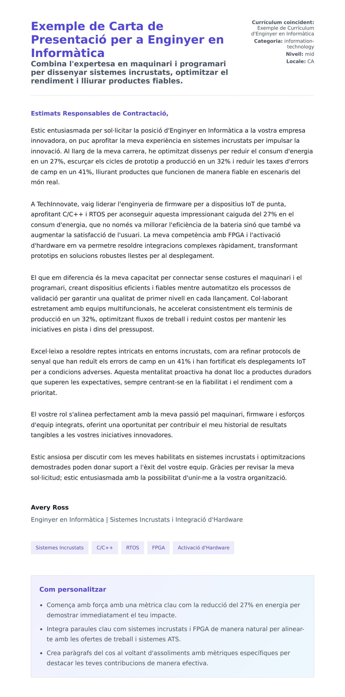 Previsualització de la carta de presentació per a Exemple de Carta de Presentació per a Enginyer en Informàtica