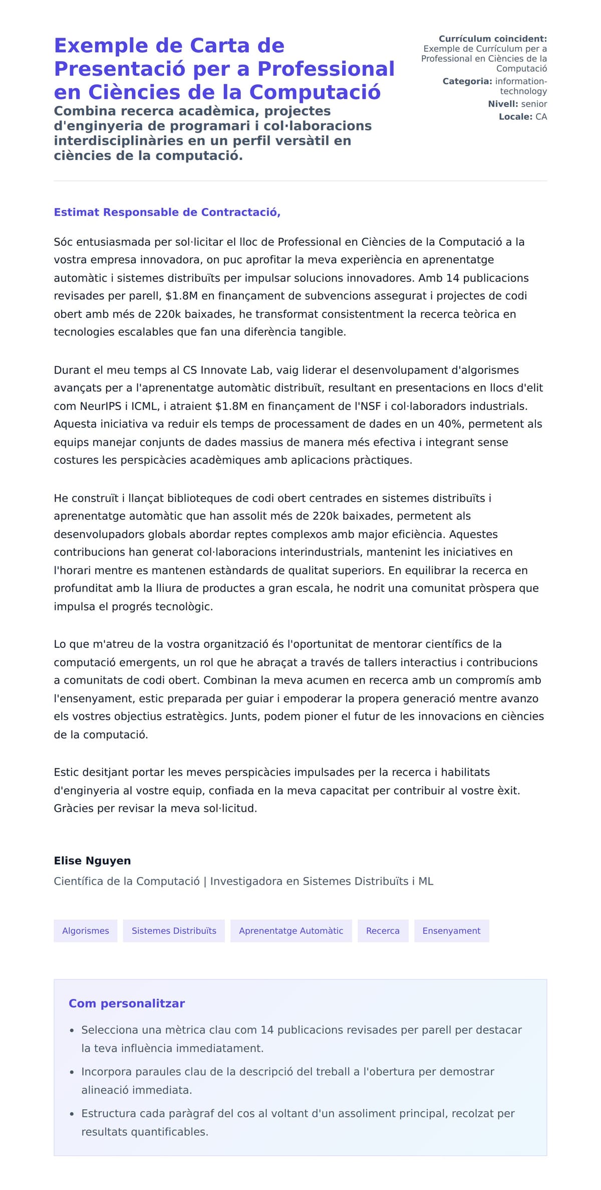 Previsualització de la carta de presentació per a Exemple de Carta de Presentació per a Professional en Ciències de la Computació