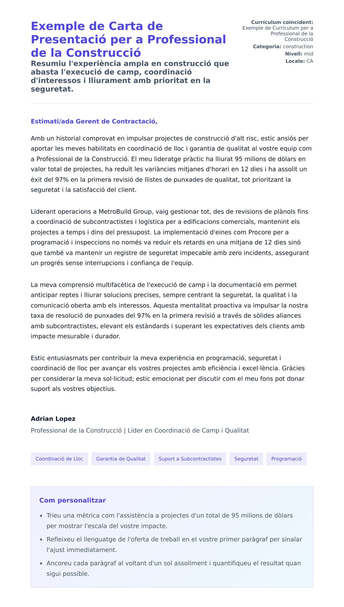 Previsualització de la carta de presentació per a Exemple de Carta de Presentació per a Professional de la Construcció