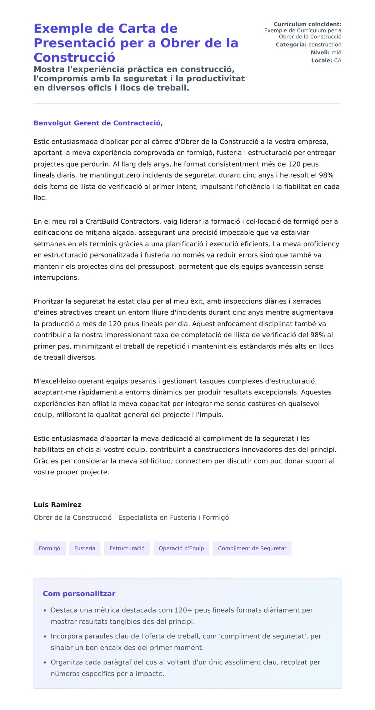 Previsualització de la carta de presentació per a Exemple de Carta de Presentació per a Obrer de la Construcció