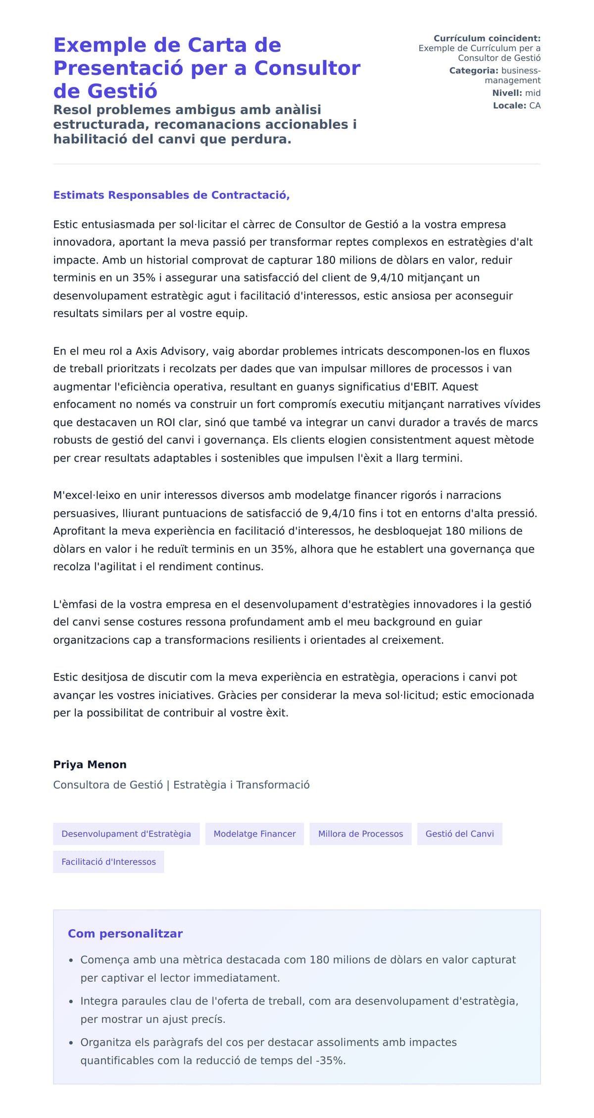 Previsualització de la carta de presentació per a Exemple de Carta de Presentació per a Consultor de Gestió