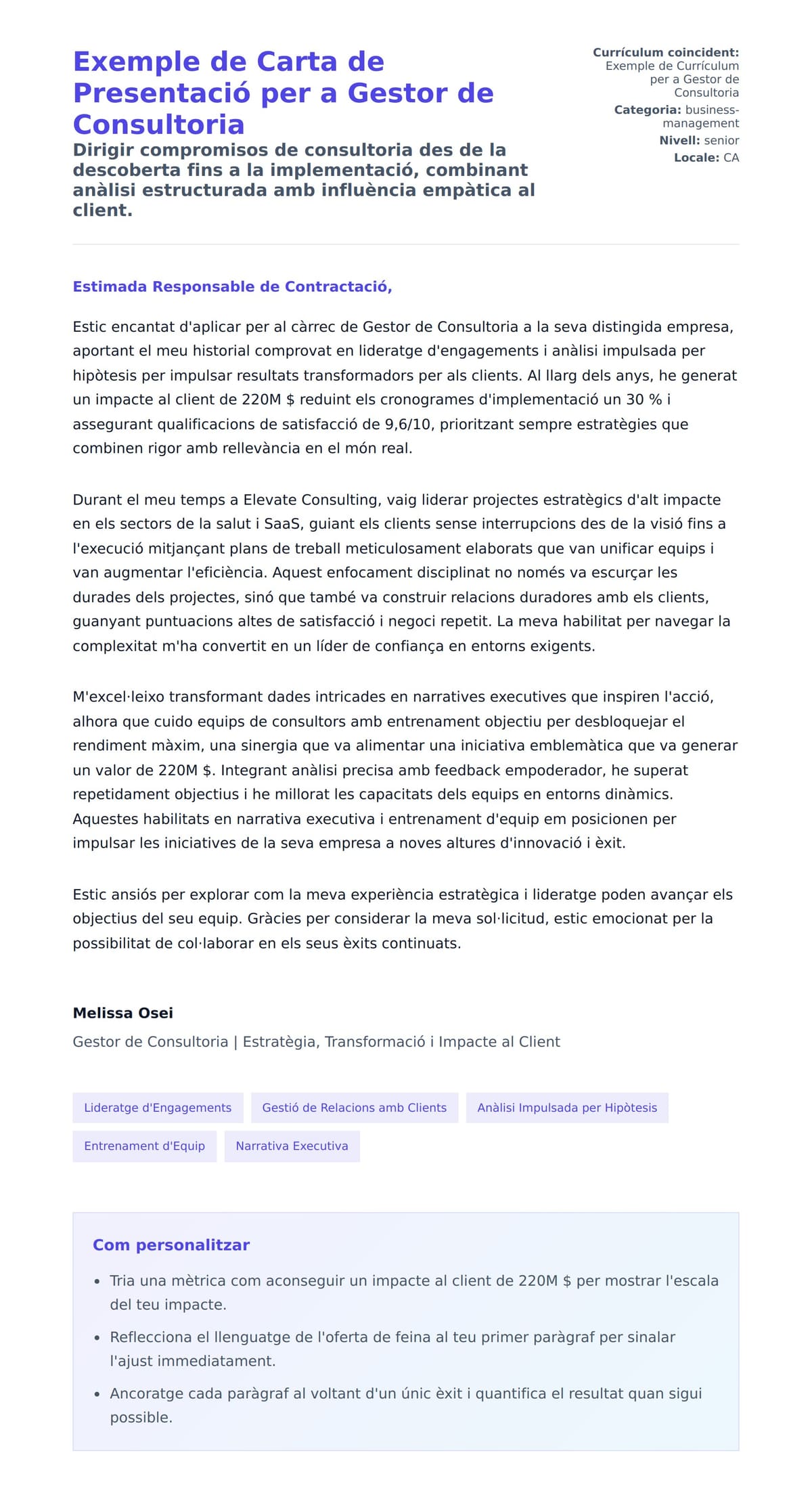 Previsualització de la carta de presentació per a Exemple de Carta de Presentació per a Gestor de Consultoria