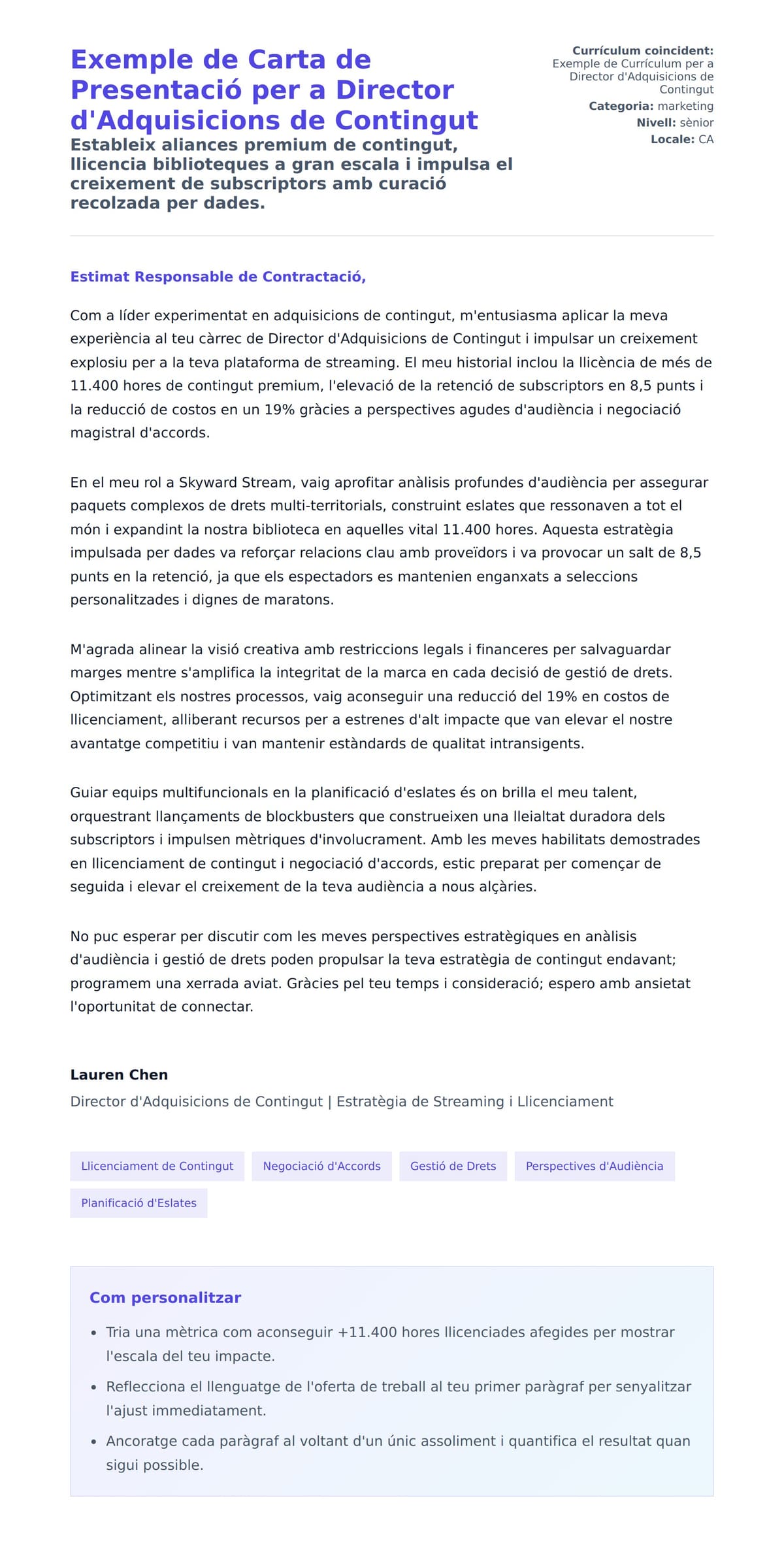 Previsualització de la carta de presentació per a Exemple de Carta de Presentació per a Director d'Adquisicions de Contingut