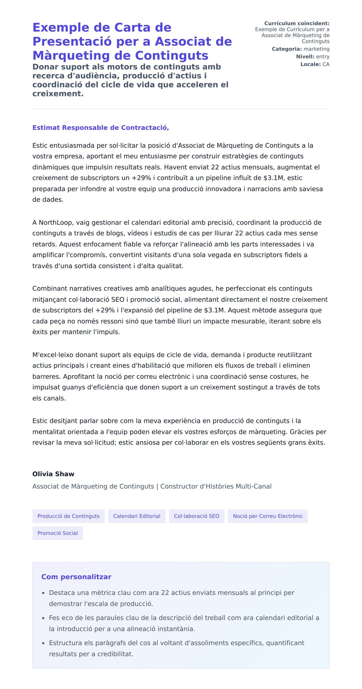 Previsualització de la carta de presentació per a Exemple de Carta de Presentació per a Associat de Màrqueting de Continguts