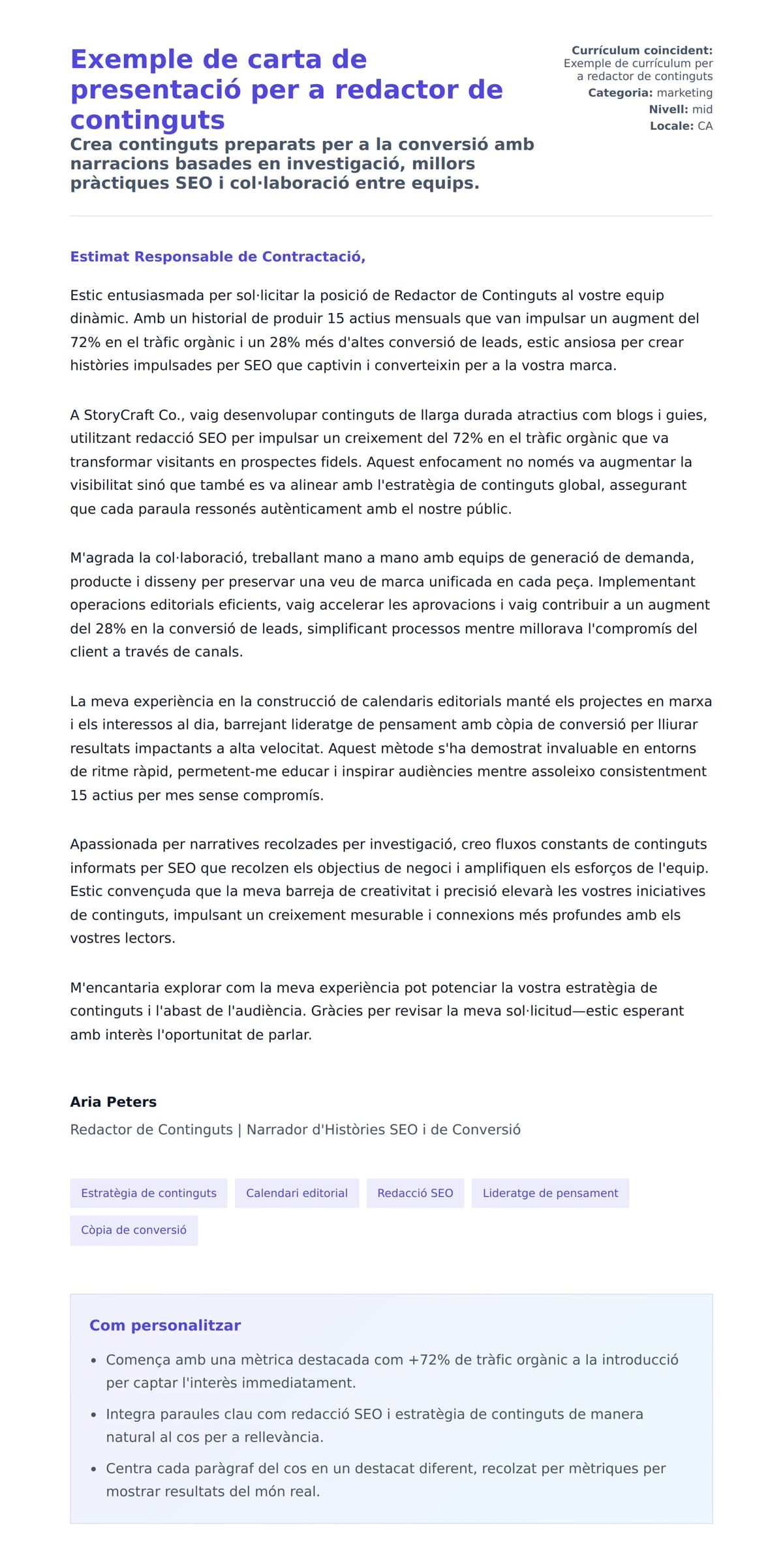 Previsualització de la carta de presentació per a Exemple de carta de presentació per a redactor de continguts