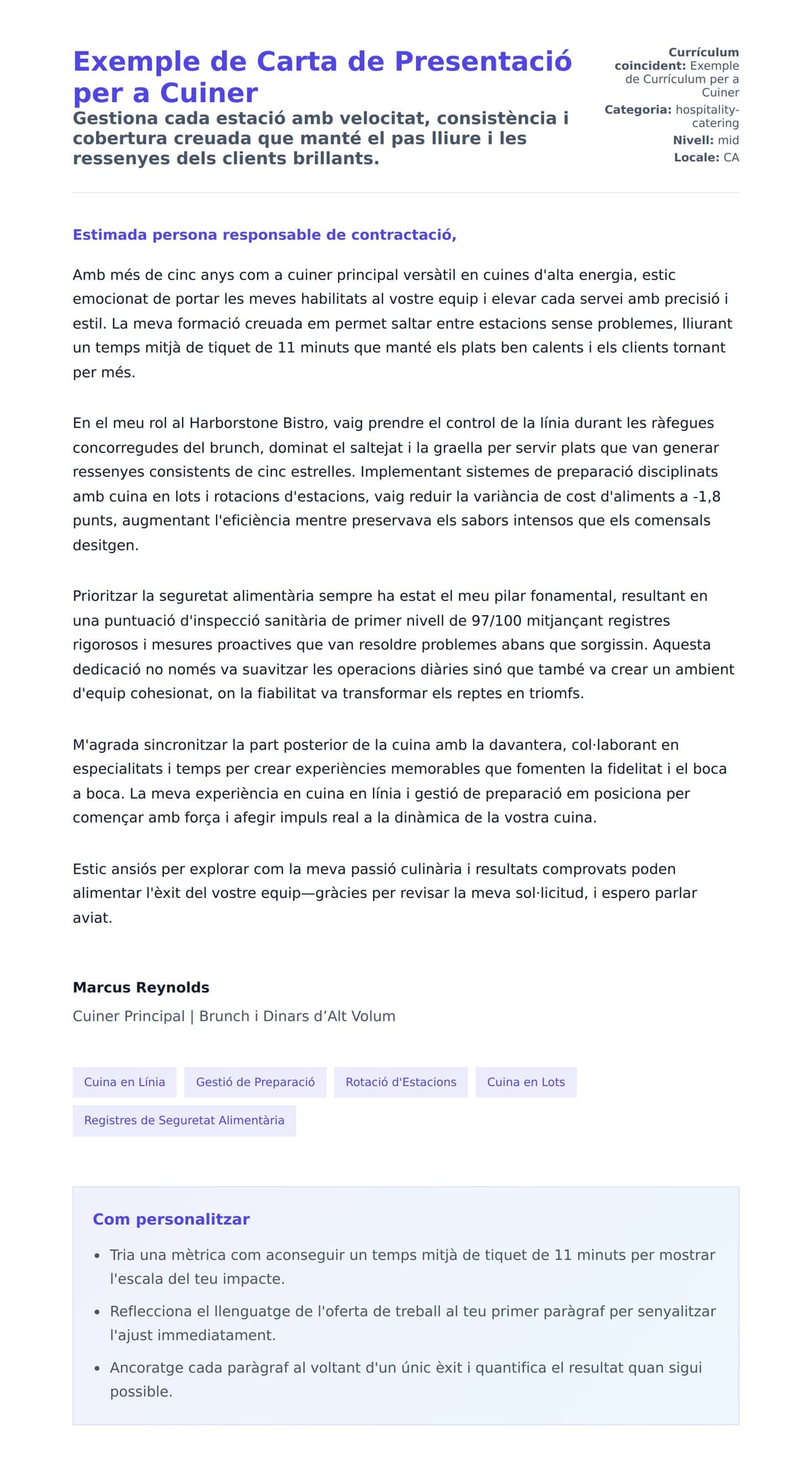 Previsualització de la carta de presentació per a Exemple de Carta de Presentació per a Cuiner