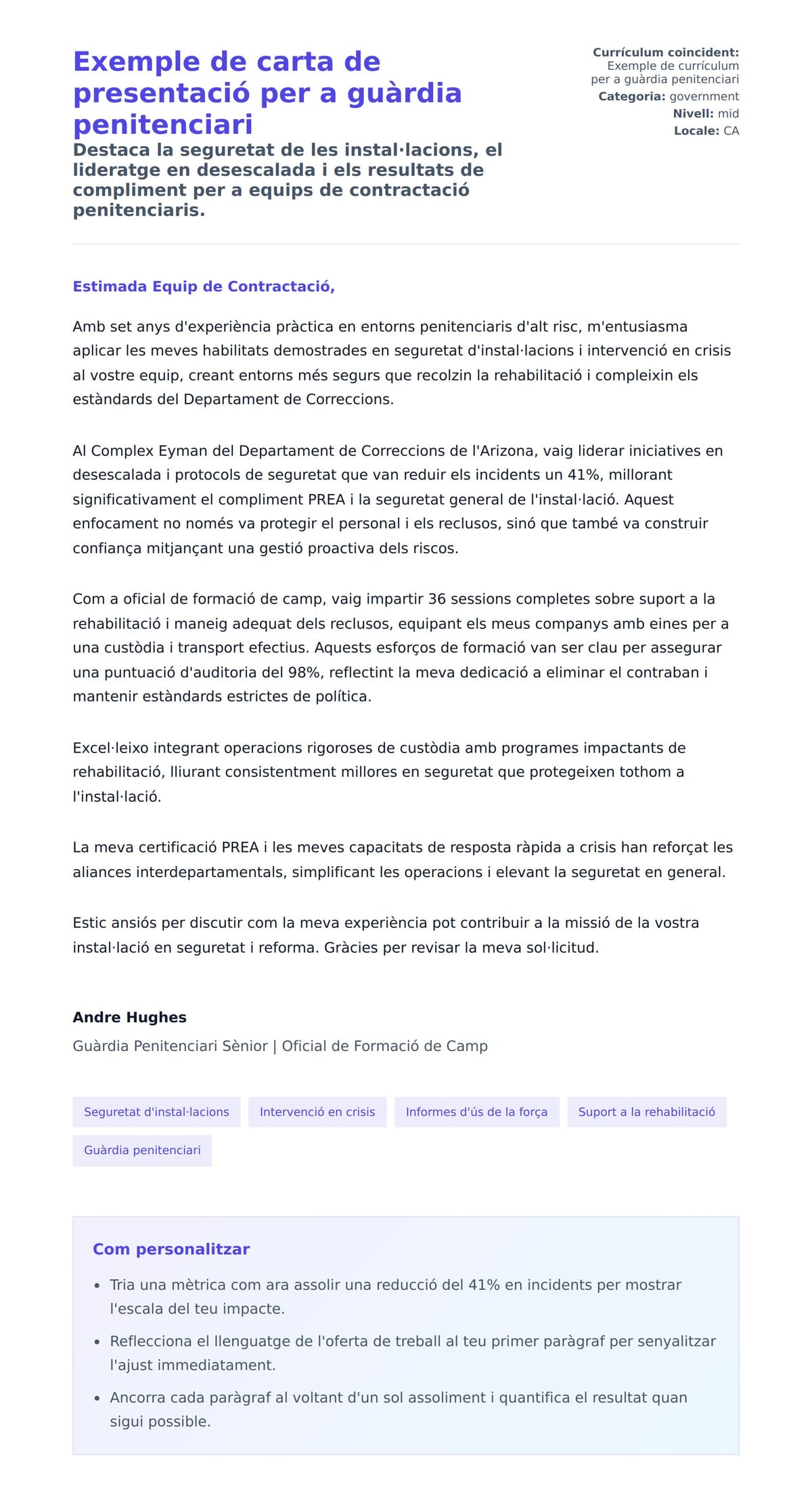 Previsualització de la carta de presentació per a Exemple de carta de presentació per a guàrdia penitenciari
