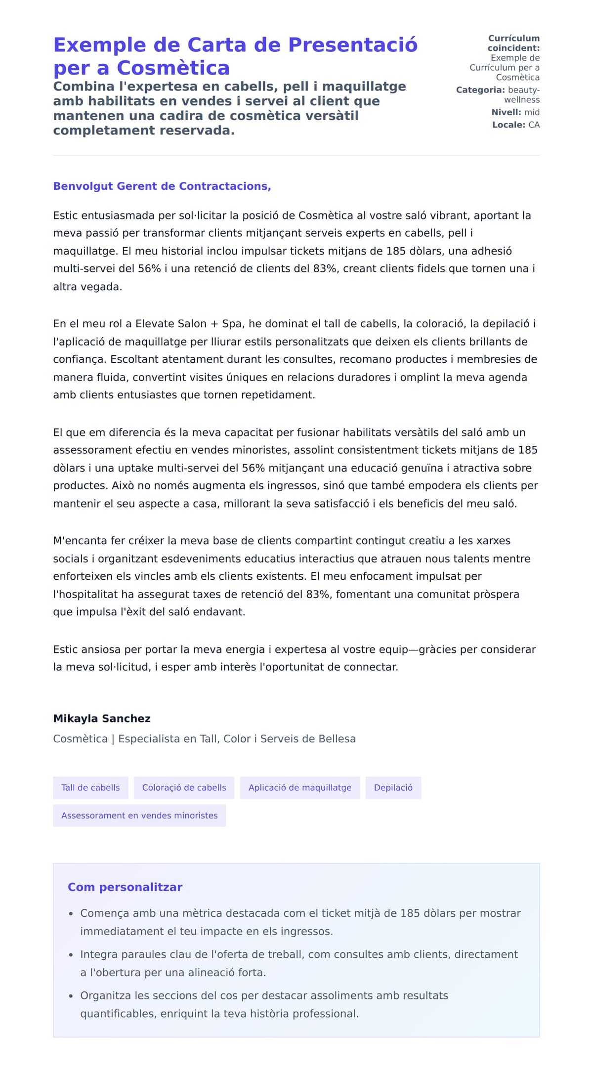 Previsualització de la carta de presentació per a Exemple de Carta de Presentació per a Cosmètica