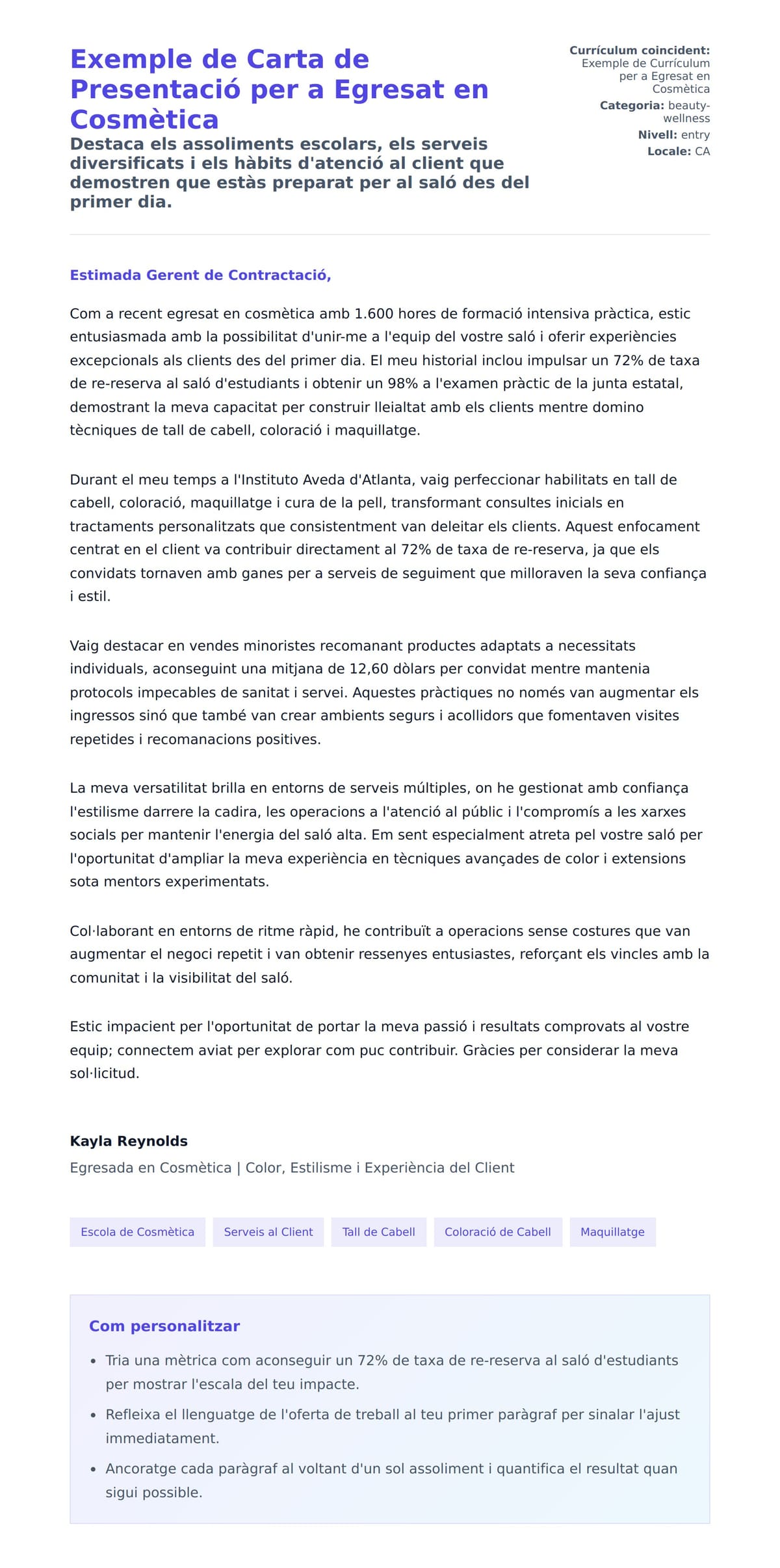 Previsualització de la carta de presentació per a Exemple de Carta de Presentació per a Egresat en Cosmètica