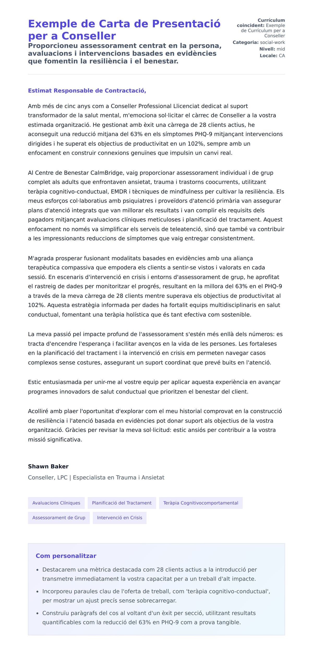 Previsualització de la carta de presentació per a Exemple de Carta de Presentació per a Conseller