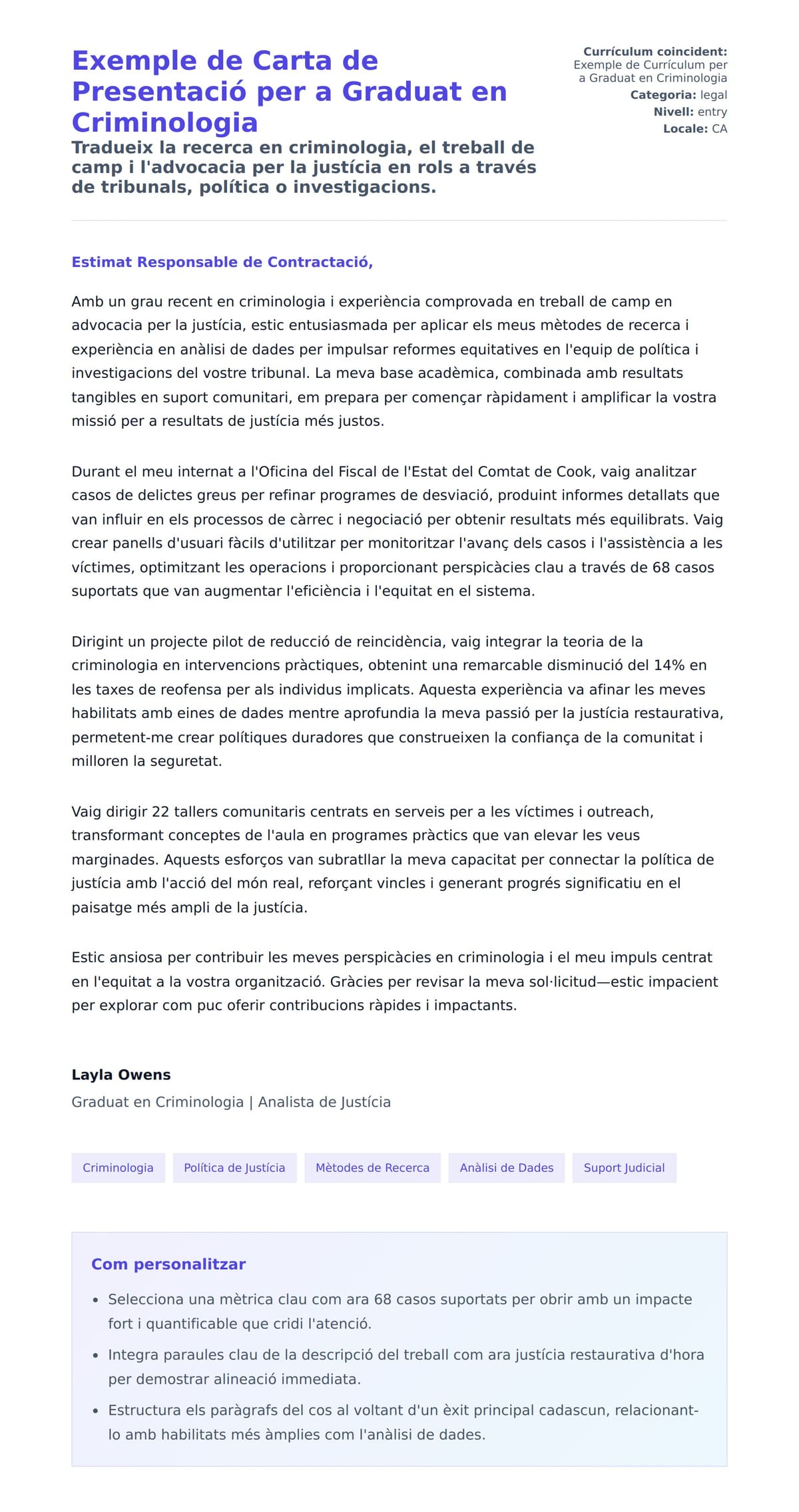 Previsualització de la carta de presentació per a Exemple de Carta de Presentació per a Graduat en Criminologia