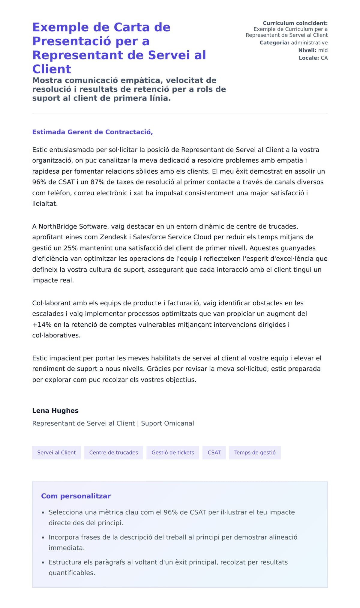 Previsualització de la carta de presentació per a Exemple de Carta de Presentació per a Representant de Servei al Client