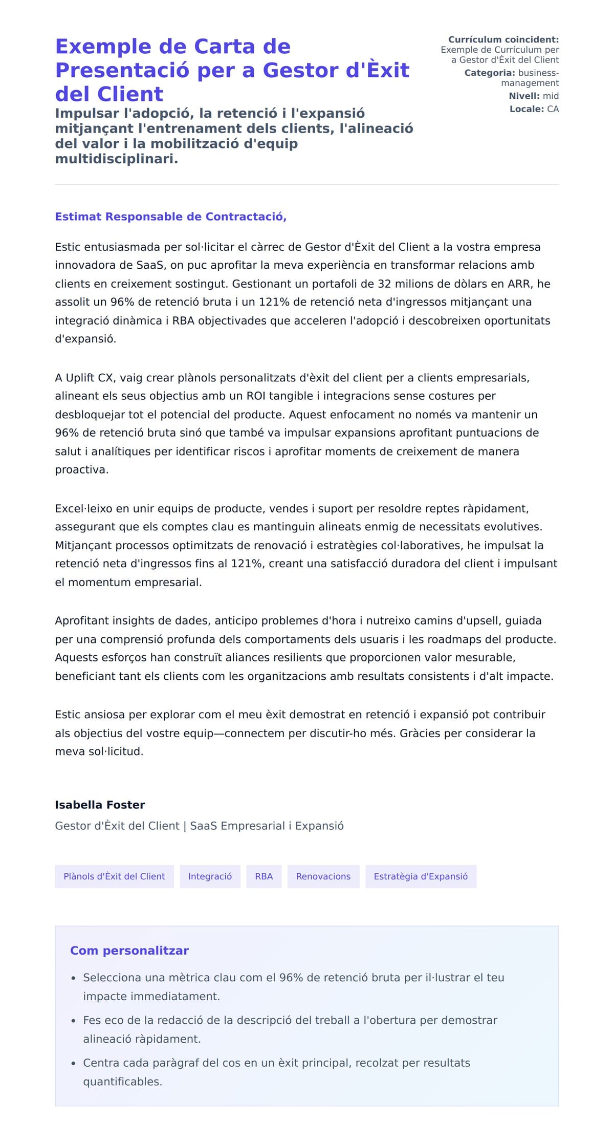 Previsualització de la carta de presentació per a Exemple de Carta de Presentació per a Gestor d'Èxit del Client