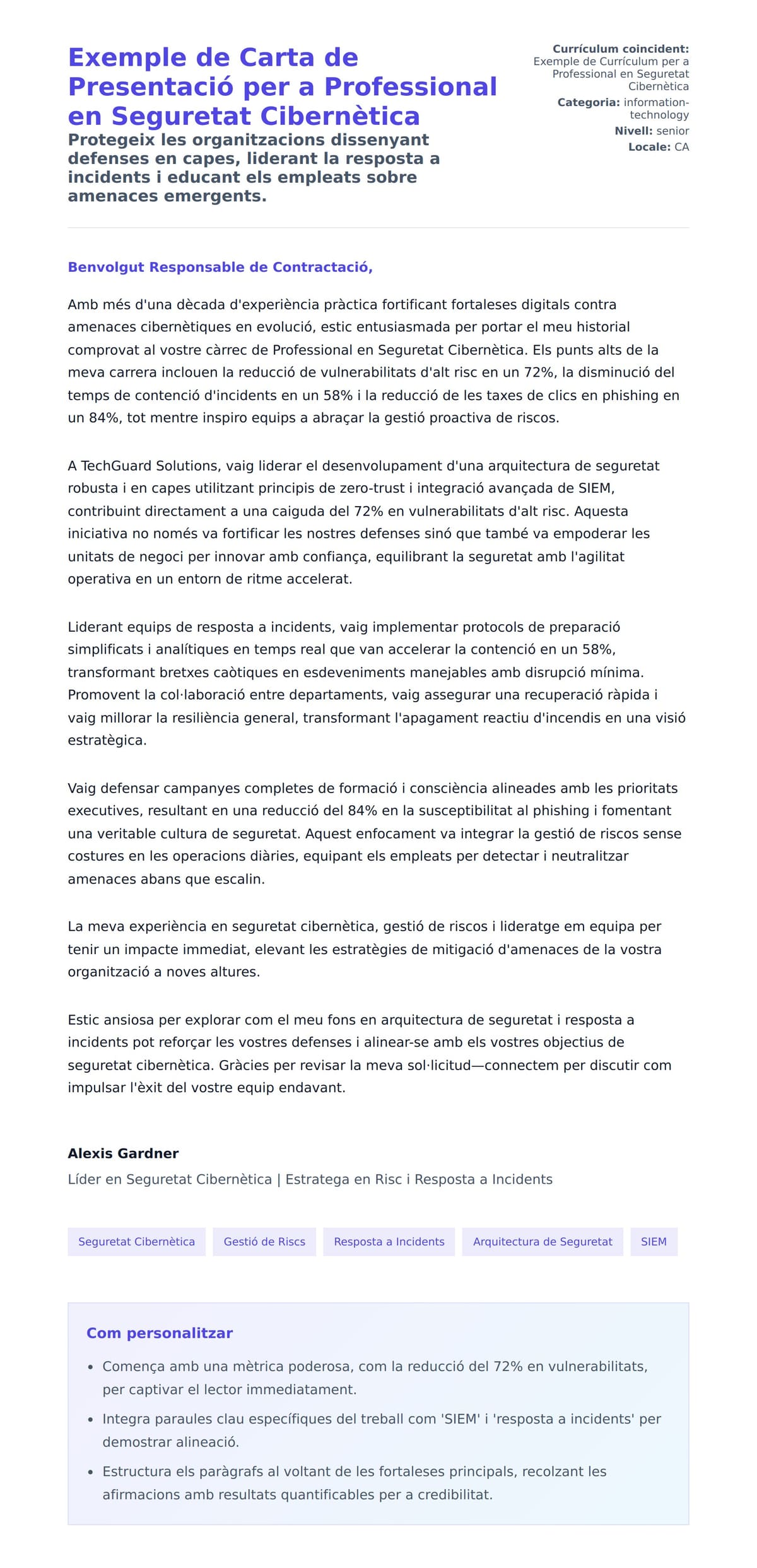 Previsualització de la carta de presentació per a Exemple de Carta de Presentació per a Professional en Seguretat Cibernètica