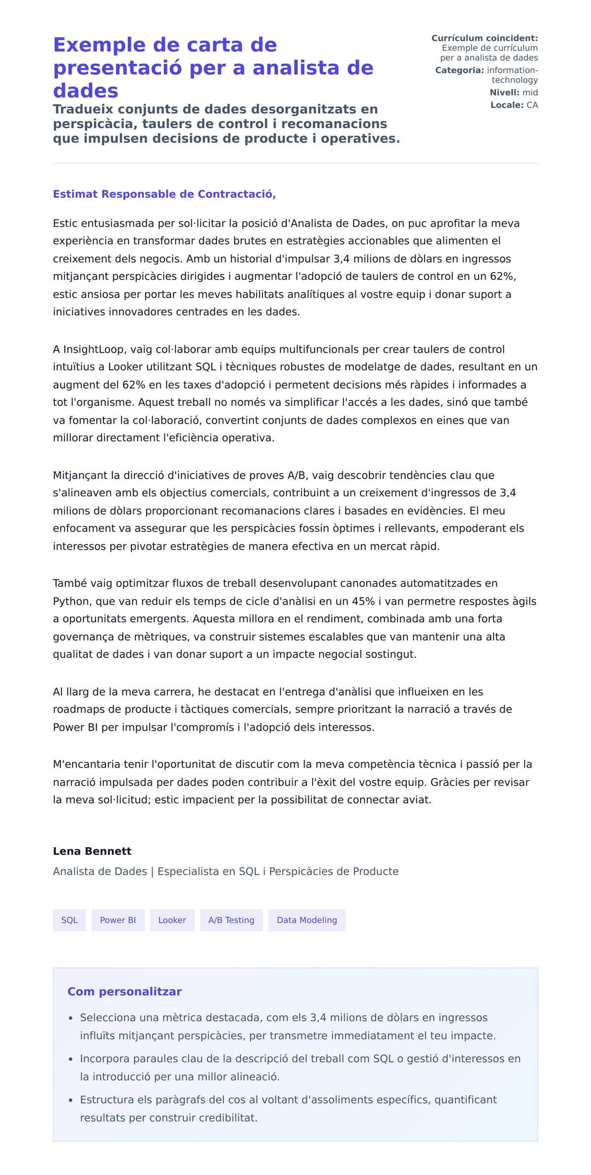 Previsualització de la carta de presentació per a Exemple de carta de presentació per a analista de dades