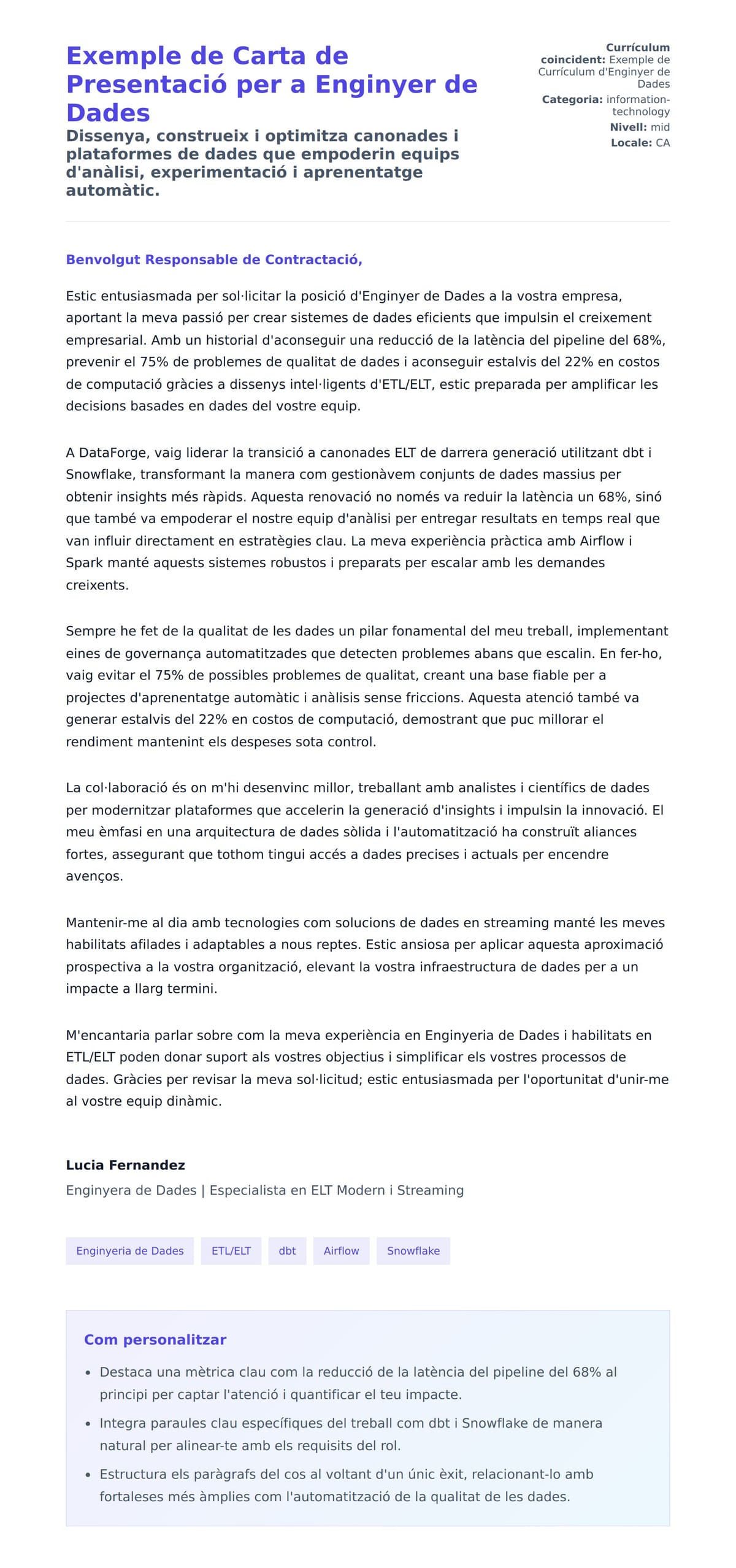 Previsualització de la carta de presentació per a Exemple de Carta de Presentació per a Enginyer de Dades