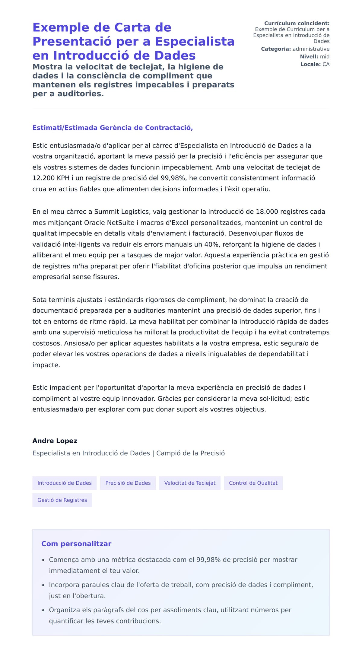 Previsualització de la carta de presentació per a Exemple de Carta de Presentació per a Especialista en Introducció de Dades