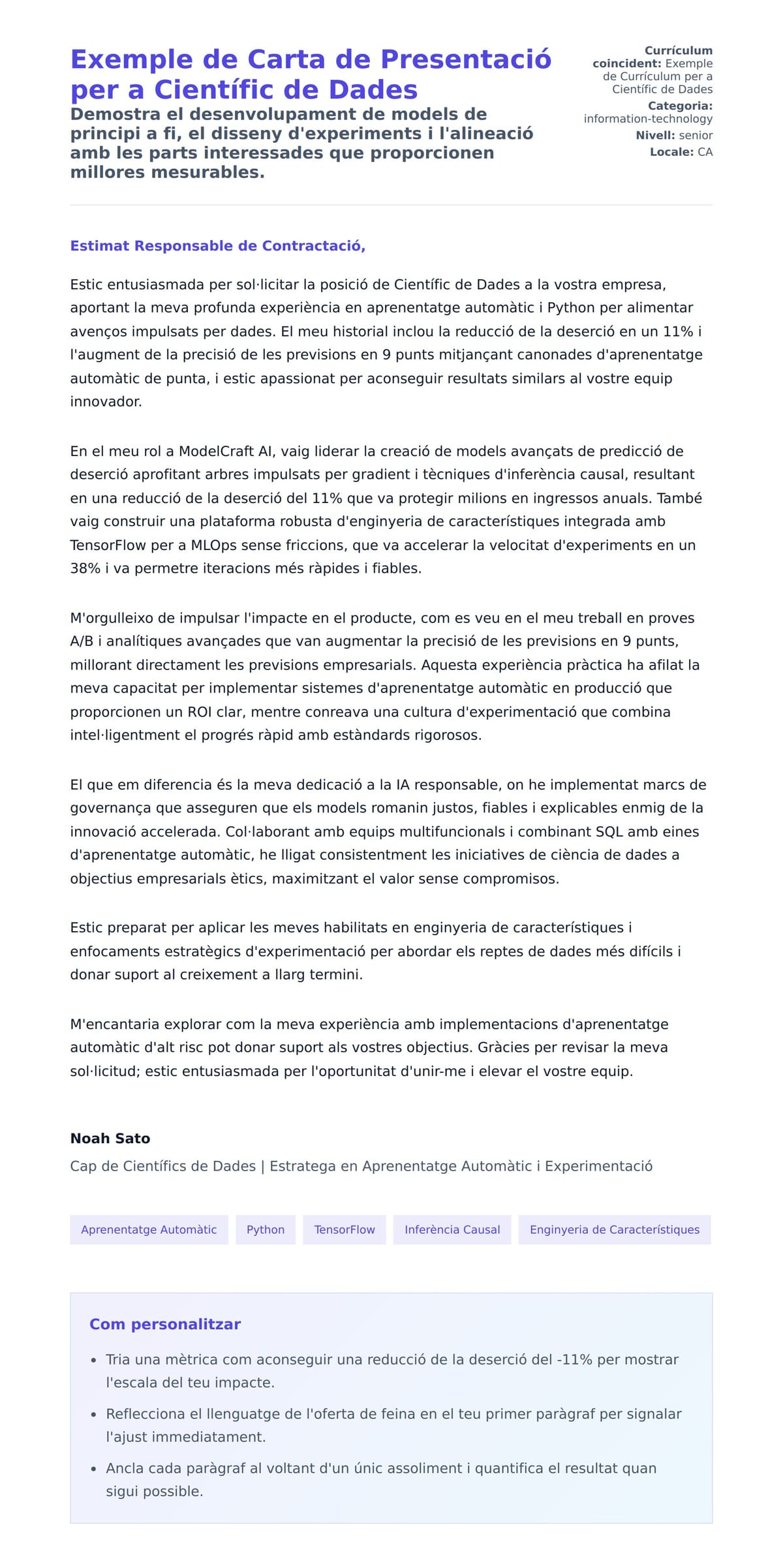 Previsualització de la carta de presentació per a Exemple de Carta de Presentació per a Científic de Dades