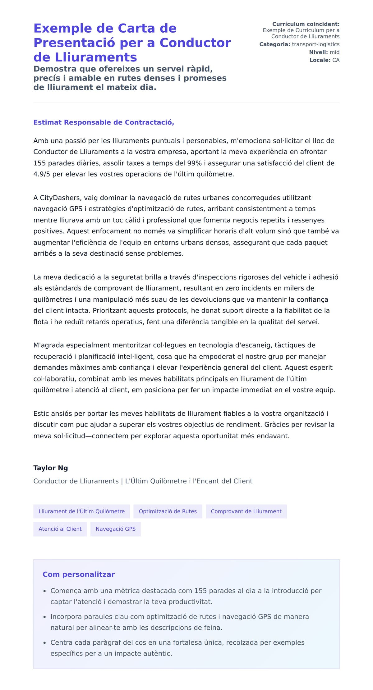 Previsualització de la carta de presentació per a Exemple de Carta de Presentació per a Conductor de Lliuraments