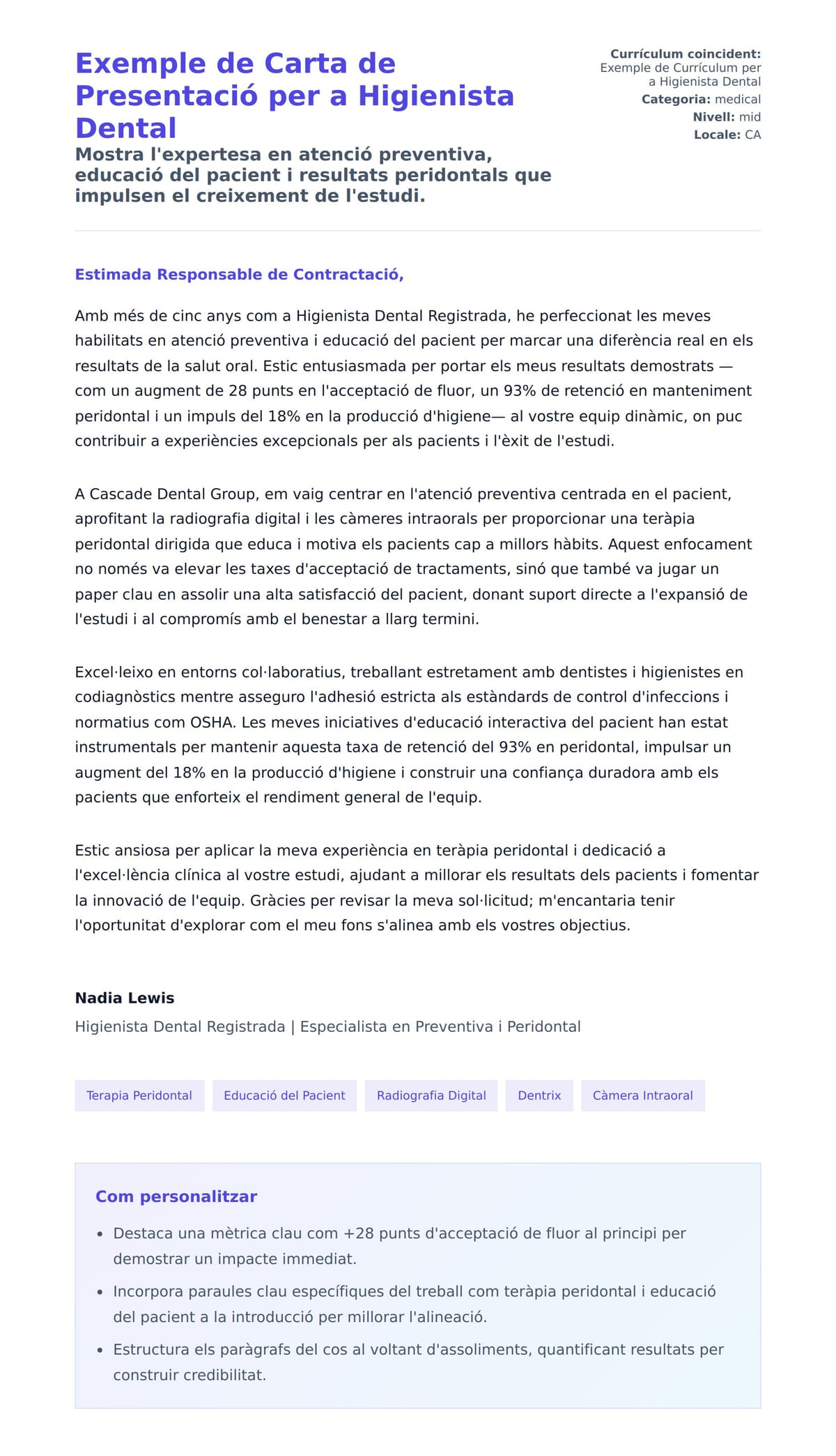 Previsualització de la carta de presentació per a Exemple de Carta de Presentació per a Higienista Dental
