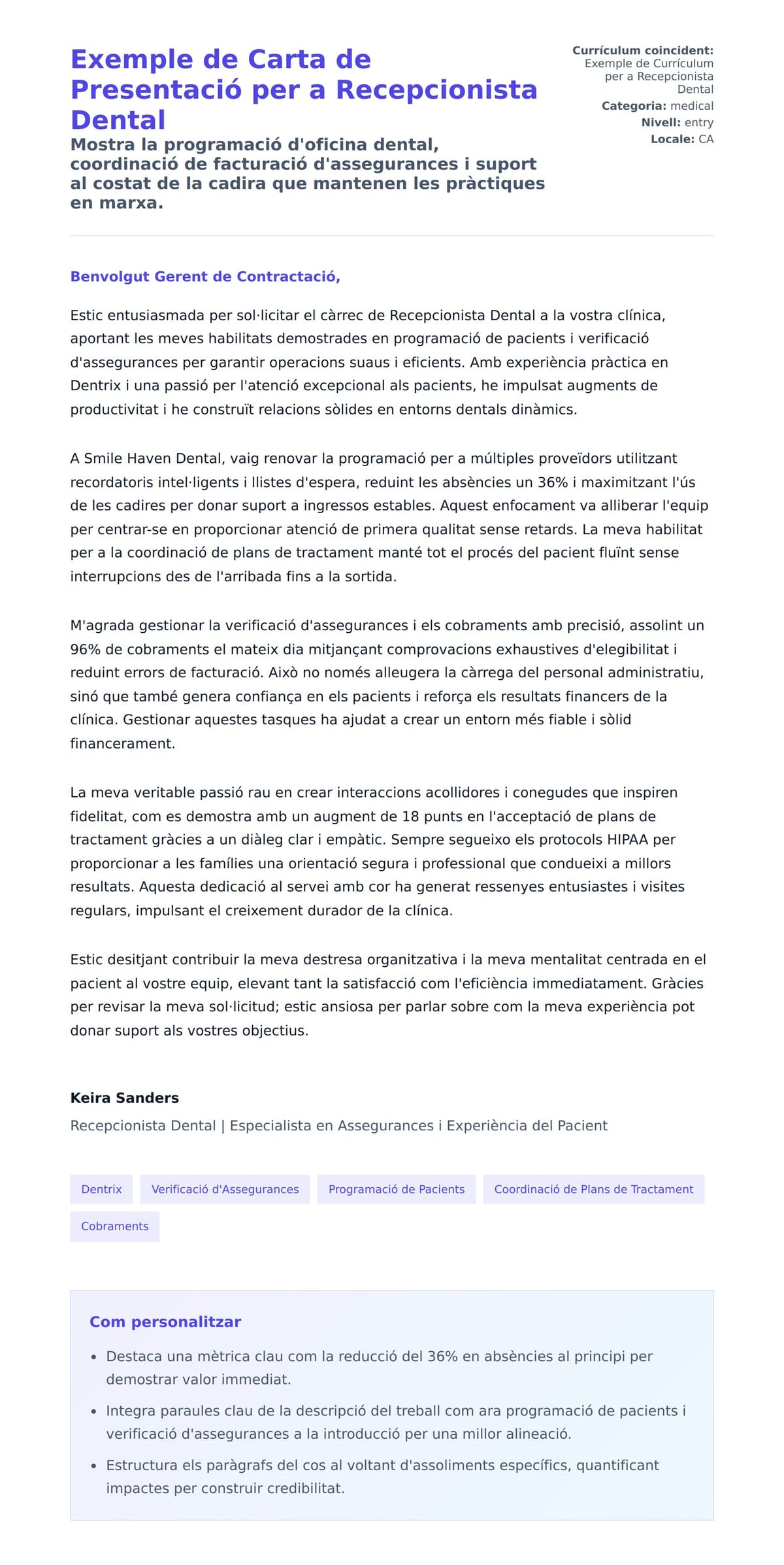 Previsualització de la carta de presentació per a Exemple de Carta de Presentació per a Recepcionista Dental